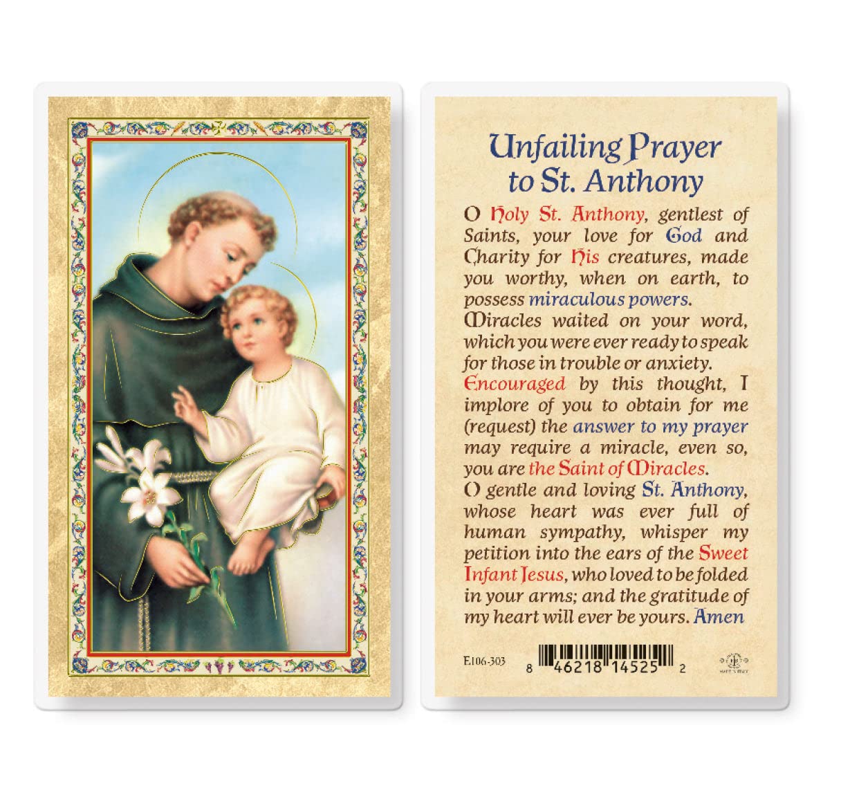 St. Anthony Prayer Cards - Pack of 25 Gold-Stamped Laminated Catholic Holy Cards with Unfailing Prayer on Back | Religious Gifts, Church Supplies & Devotional Use