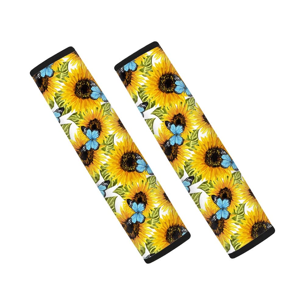 STUOARTE 2-Piece Sunflower Butterfly Print Car Seat Belt Covers - Universal Fit Shoulder Pads for Most Vehicles - Soft Comfortable Driving Accessories for Men & Women - Perfect for Road Trips, Commuting and Long Drives