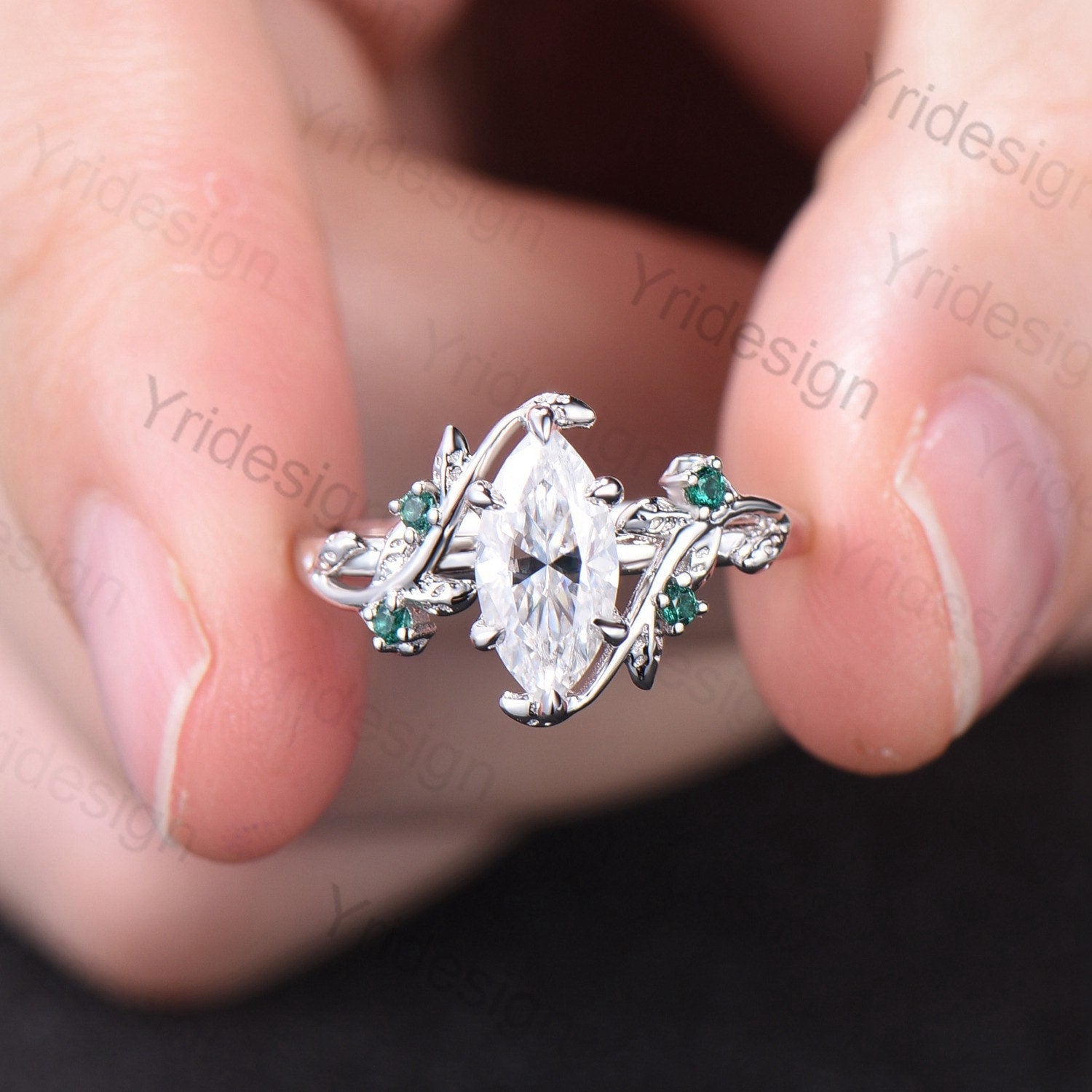Vintage Moissanite Engagement Ring for Women - Marquise Cut Twig Leaf Cluster Wedding Band, Emerald Inspired Branch Ring | Perfect for Proposals, Anniversaries & Special Occasions