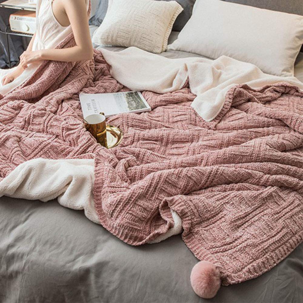 79x90 Inch Soft Blush Pink Chenille Sherpa Fleece Throw Blanket - Ultra Warm Knitted Blanket for Couch, Sofa & Bed - Winter Decorative Pom Pom Blanket - Perfect for Home Decor, Photography Props & Cozy Evenings