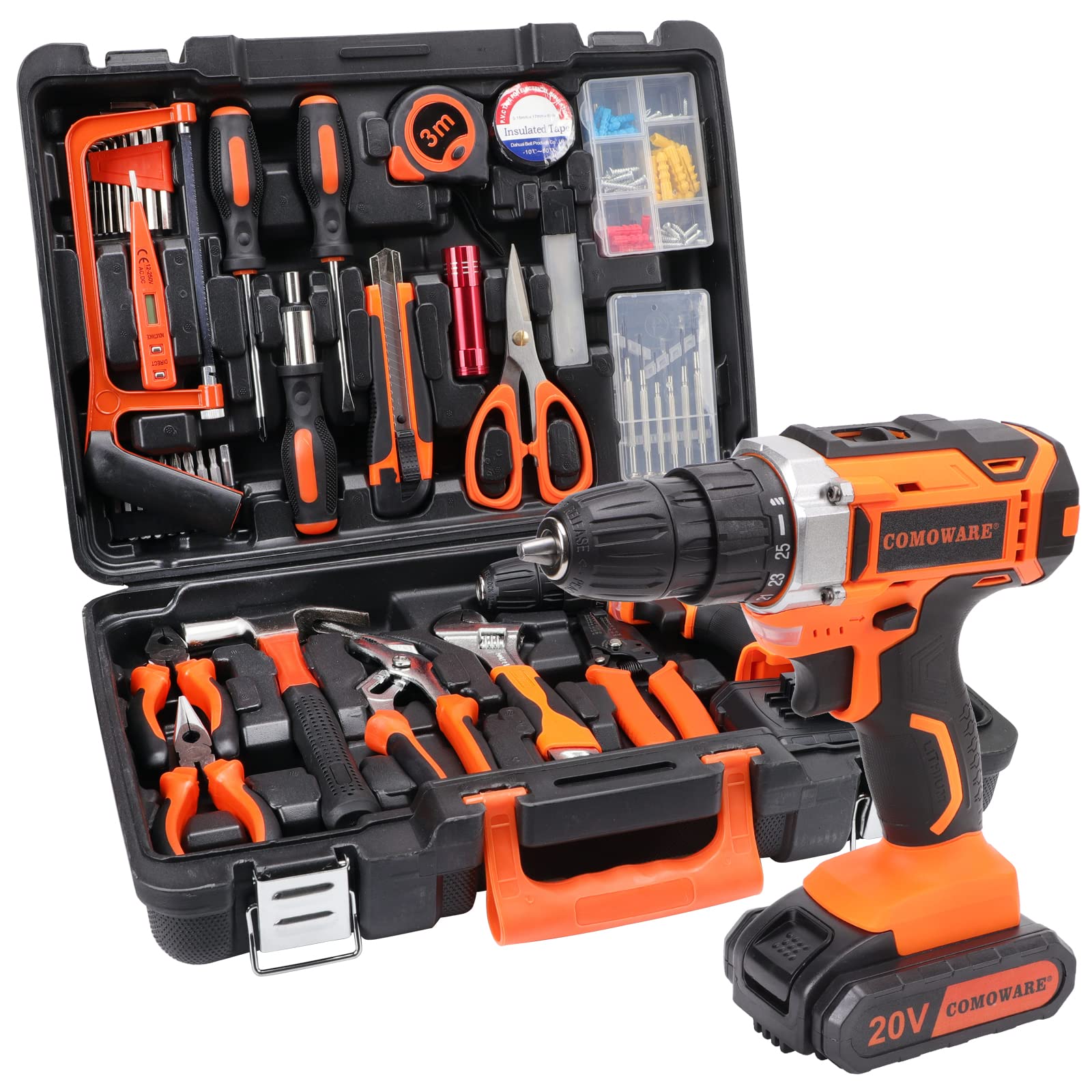 COMOWARE 120-Piece Home Tool Kit with 20V Cordless Power Drill, 2.0Ah Li-ion Battery & Charger, 25+1 Clutch - Complete Tool Set for Homeowners, DIY Repairs, Garden & Office Maintenance