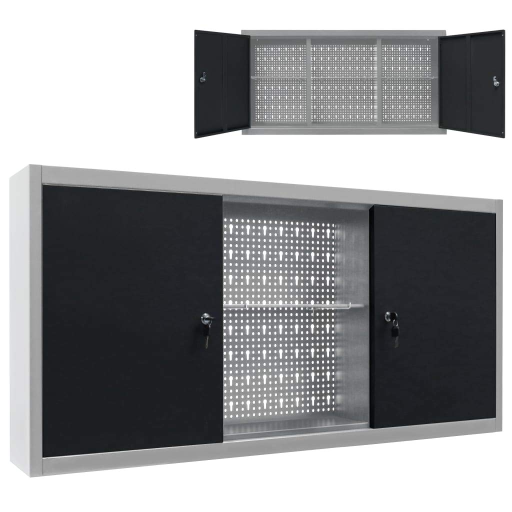 Heavy Duty Wall Mounted Tool Storage Cabinet with 2 Lockable Doors - Industrial Metal Utility Shelves for Garage, Workshop & Warehouse Organization (Gray & Black)