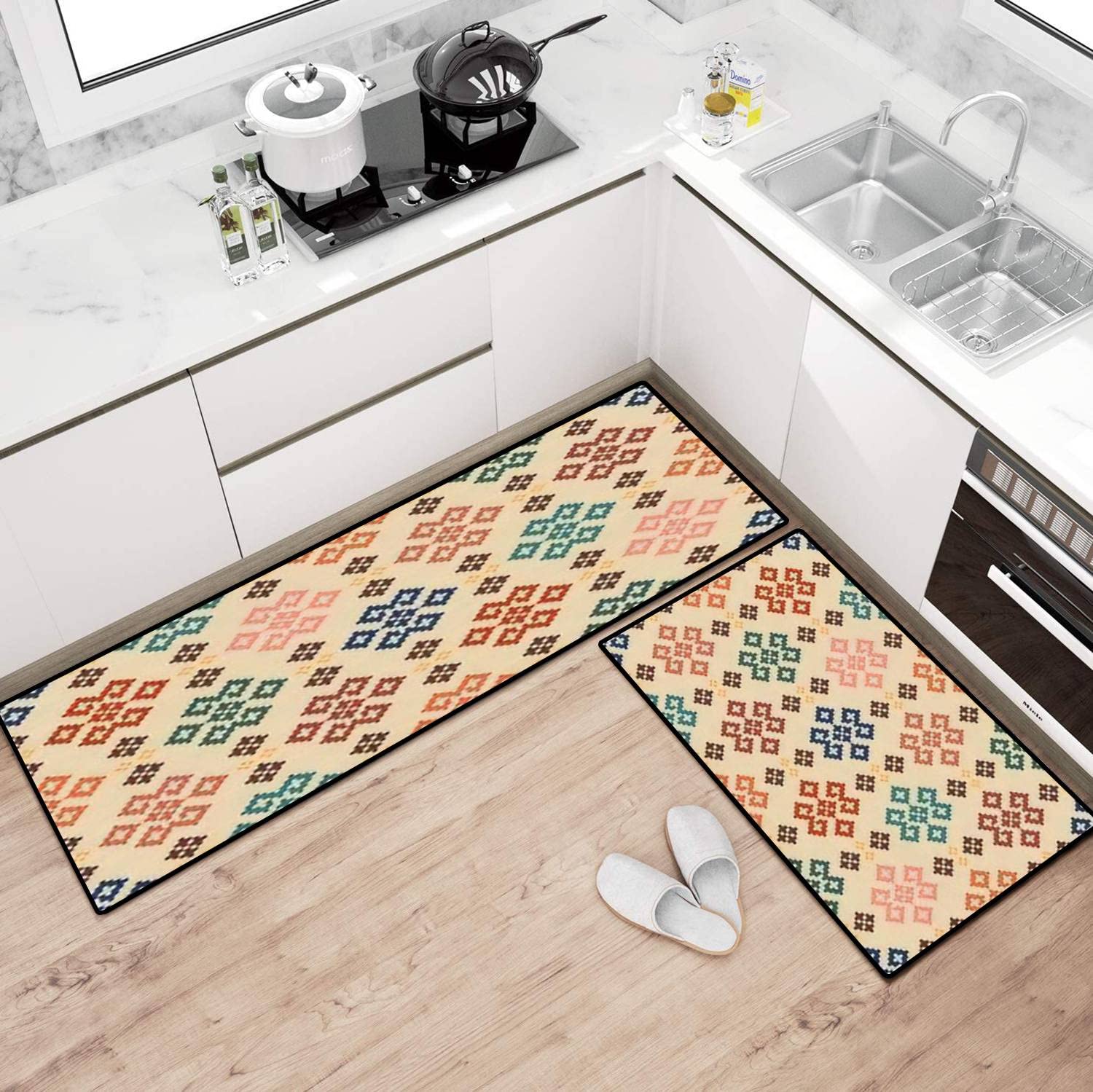 Non-Slip Washable Kitchen Rugs Set - Geometric Ethnic Patterns for Floor Decor & Comfort Standing