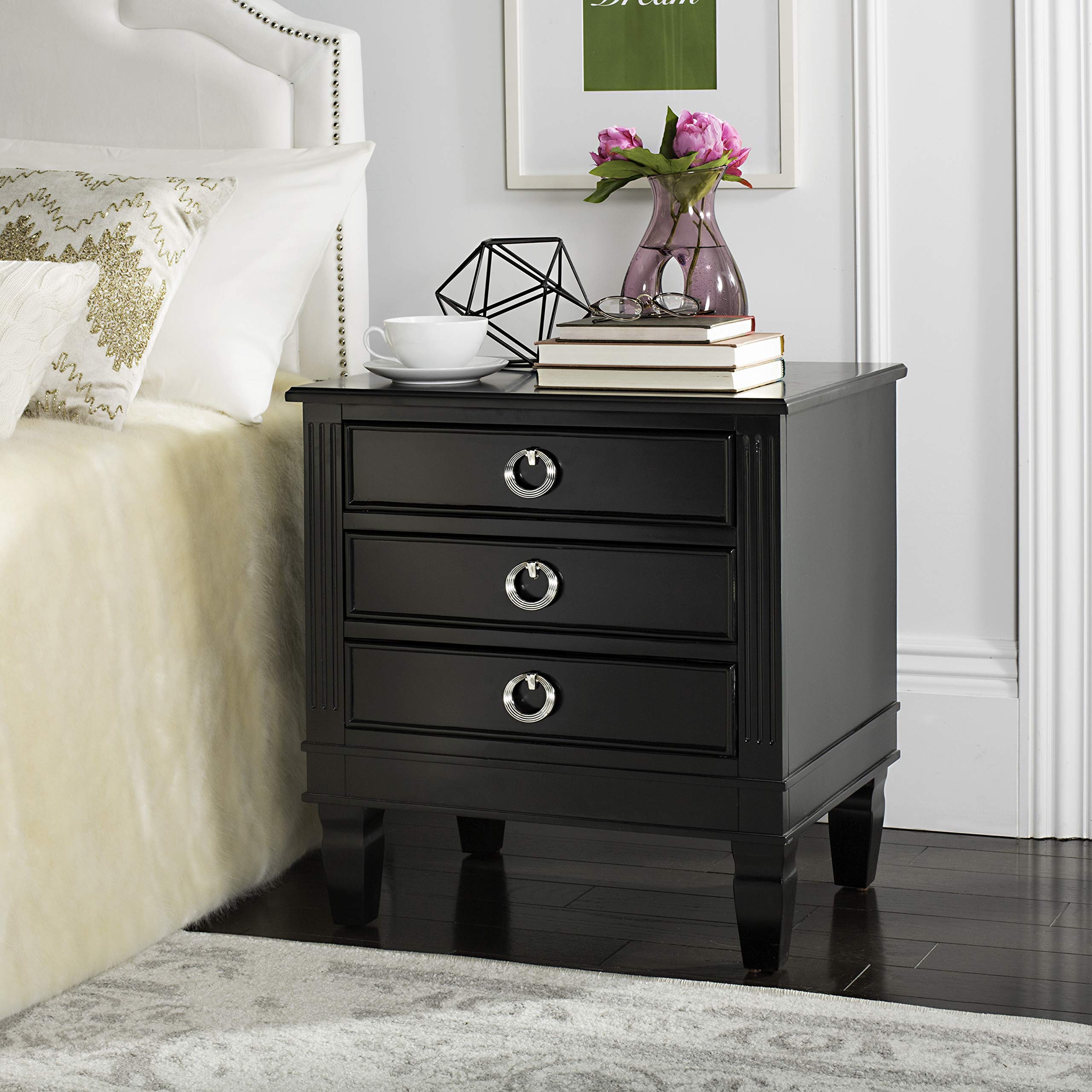 Safavieh Home Collection Kira Black 3-Drawer Nightstand - Modern Bedside Table with Storage for Bedroom, Living Room & Office - Perfect for Small Spaces & Apartment Decor