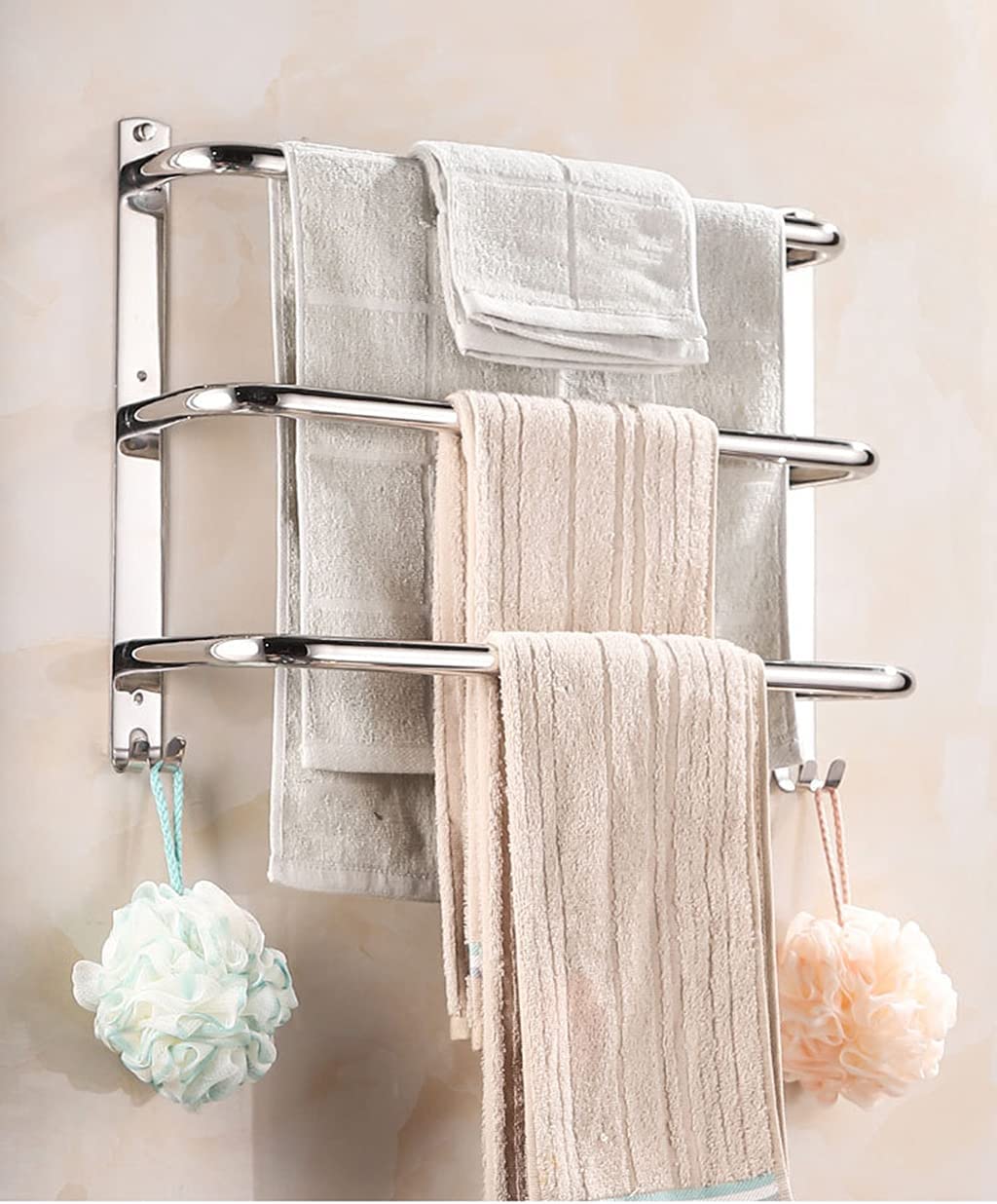 Stainless Steel 3-Bar Wall Mounted Towel Rack with 2 Hooks - 60cm/23.6in Bathroom Towel Holder, Waterproof & Durable for Kitchen, Laundry Room, Spa, Gym Locker Room