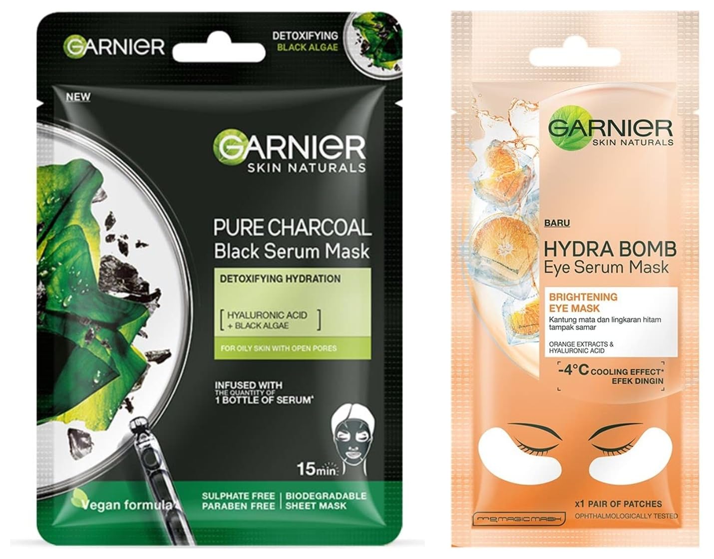 Garnier Skin Naturals Charcoal Face Serum Sheet Mask (Black) 28g & Hydra Bomb Eye Serum Mask (Orange) 6g - Deep Cleansing & Hydrating Skincare Set for Glowing Skin - Perfect for Spa Night, Travel & Self-Care Routine