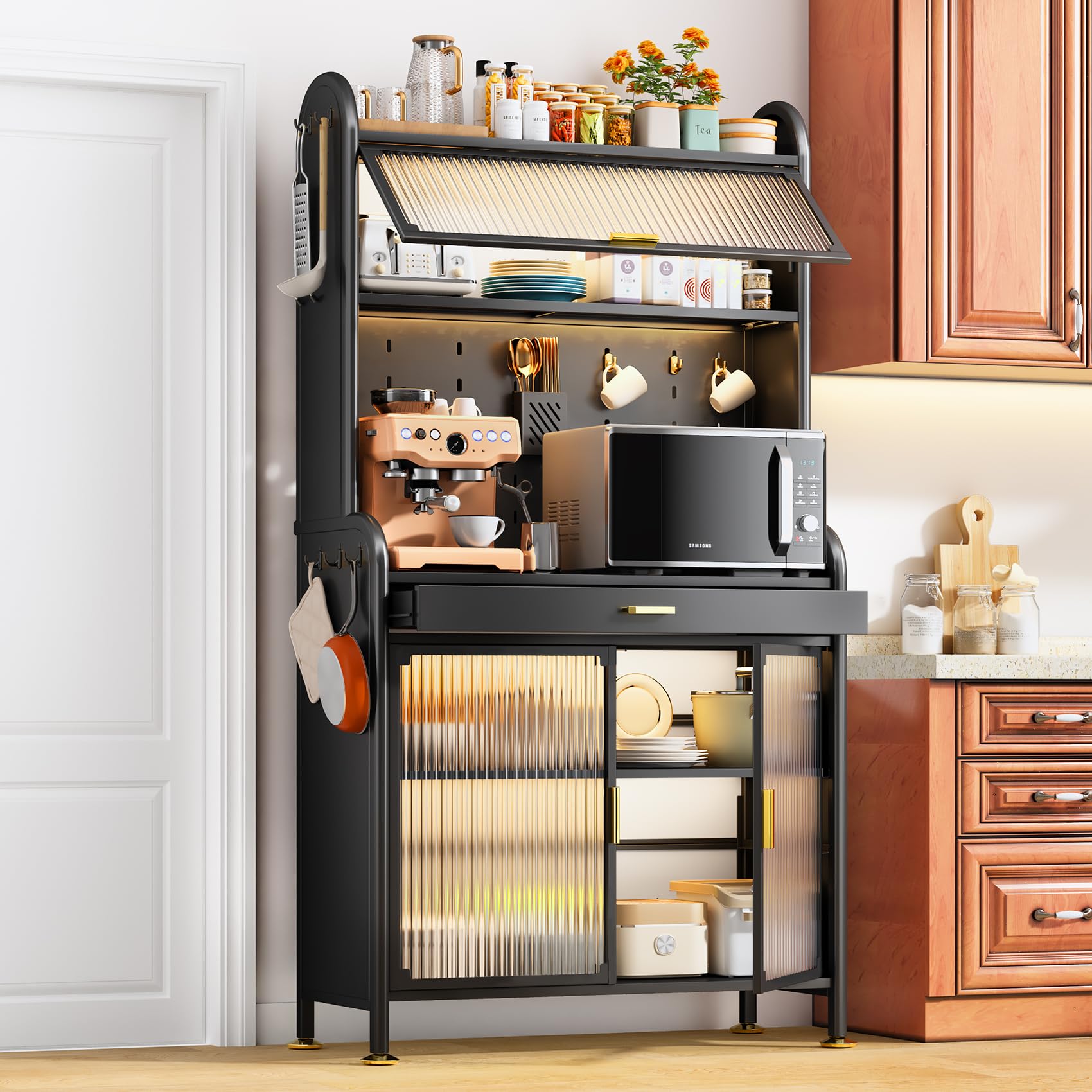 Baker's Rack with Kitchen Storage Drawer Cabinet - Flip Dual Door Microwave Stand with Pegboard & Accessories | Metal Shelves for Spices, Pots & Kitchen Organization | Perfect for Home, Garage & Pantry Storage (Black)