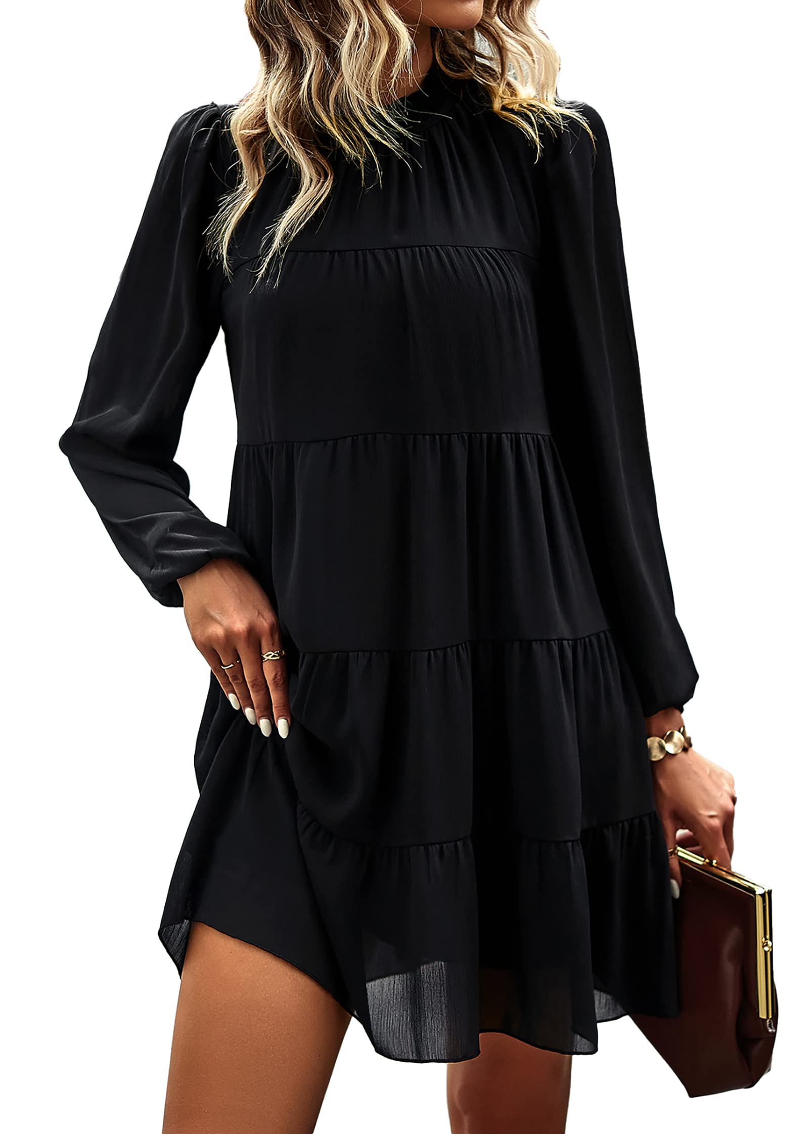 KIRUNDO Women's Spring Long Sleeve Ruffle Mock Neck Tiered Mini Babydoll Dress - Flowy Swing Tunic Shift Dress for Casual Wear, Date Night & Spring Outfits 2025