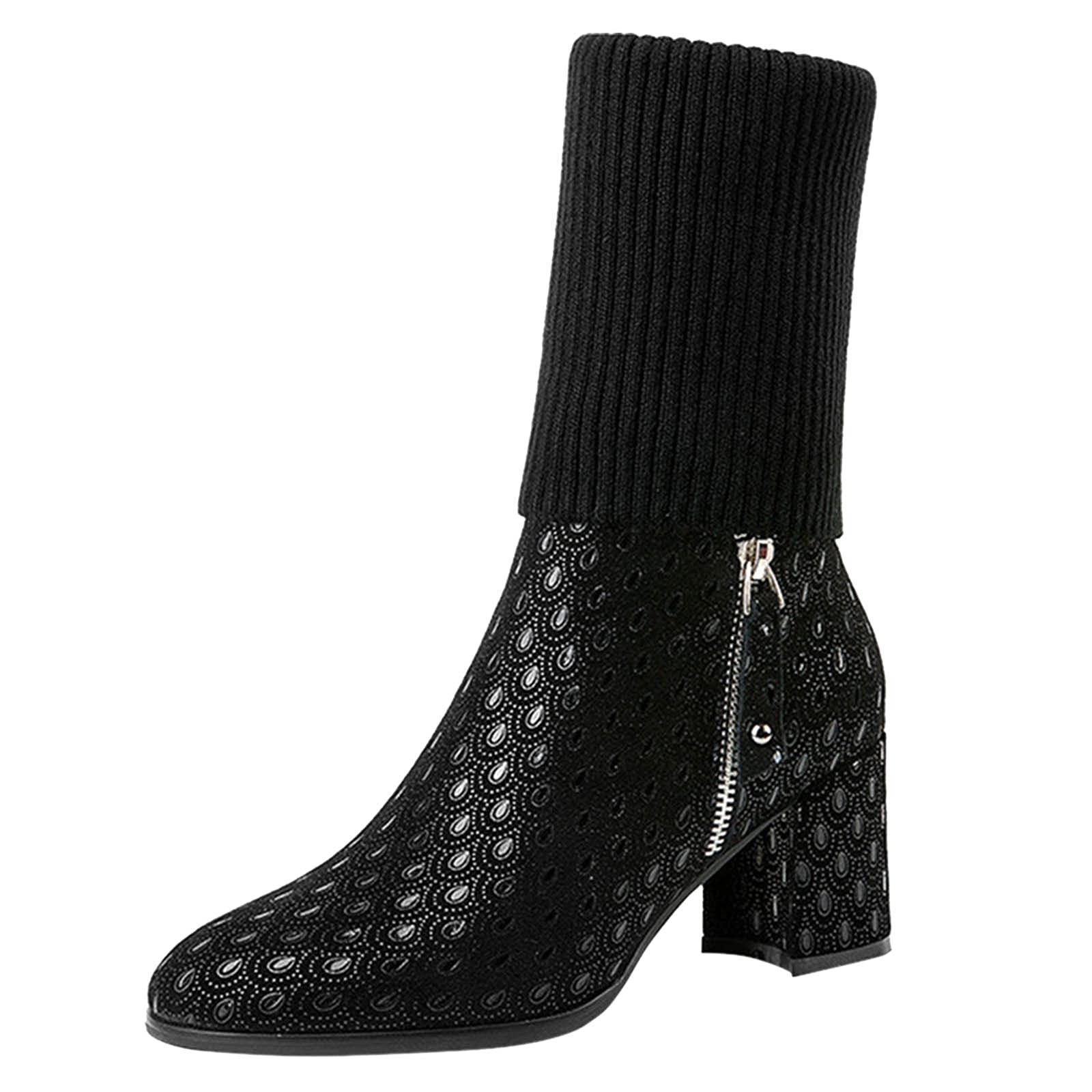 Stylish Women's Winter Boots with Heel - Knitted Mid-Calf Pointed Toe Fashion Boots for Women | Warm & Comfortable High Heel Booties for Casual Outings, Office Wear & Holiday Parties