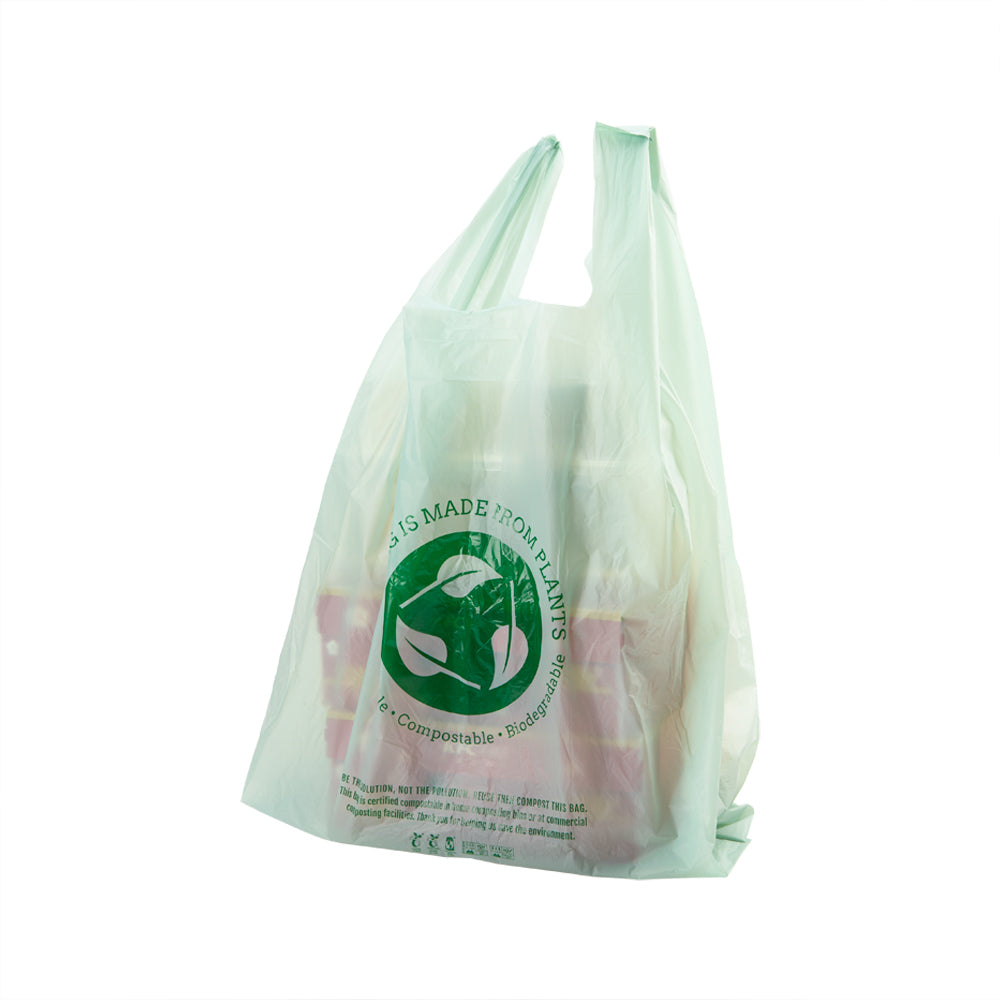 Eco-Friendly Compostable Green Plastic T-Shirt Bags - 1/6 Size (12