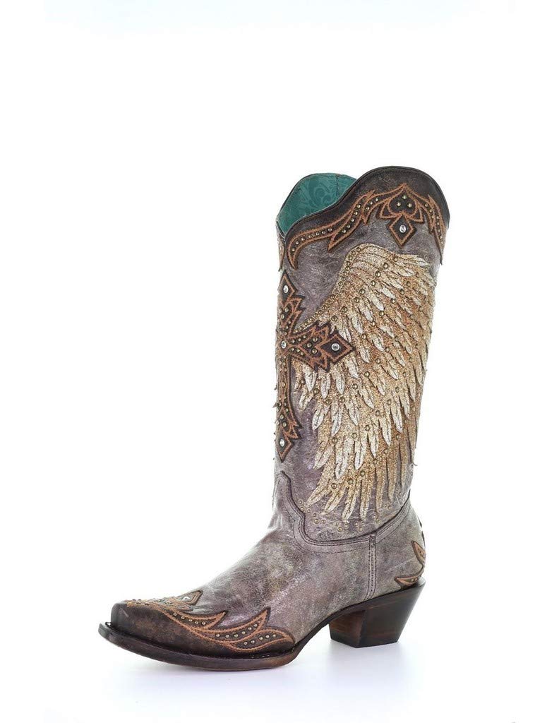 Ladies Brown Wing & Cross Boots with Crystals - Western Style for Rodeo & Party
