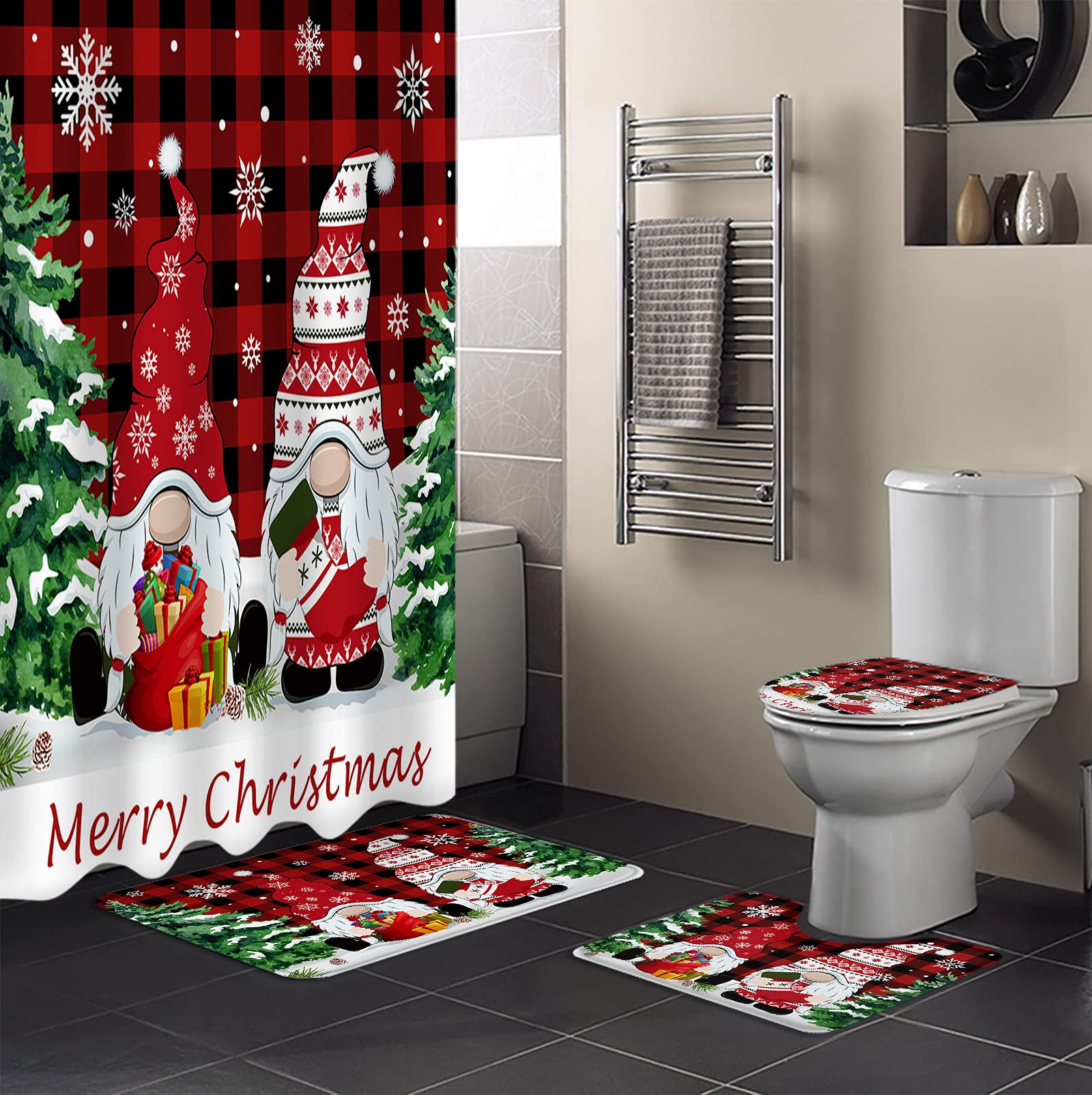 4-Piece Christmas Gnome Shower Curtain Set with Non-Slip Bath Mat, Absorbent Rug Runner & Toilet Seat Cover - Farmhouse Holiday Bathroom Decor with 12 Hooks - Perfect for Christmas Gifts, Home Decor & Cozy Winter Bathroom Makeover