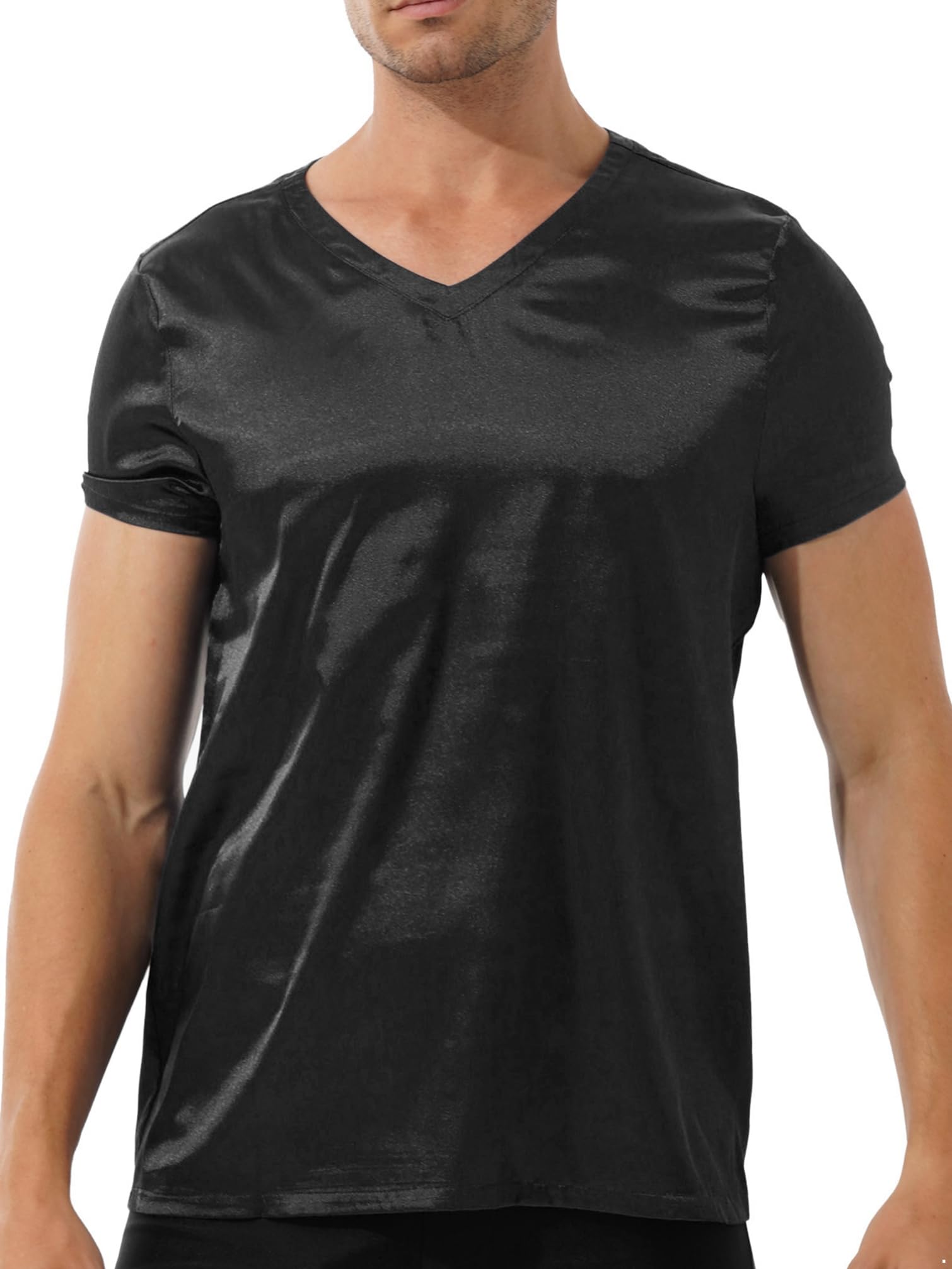 Men's Satin Lingerie Shirt - V-Neck Sleepwear Pajama Top, Solid Color Athletic Undershirt for Nightwear & Lounge Wear - Perfect for Bedtime, Relaxing at Home & Romantic Occasions