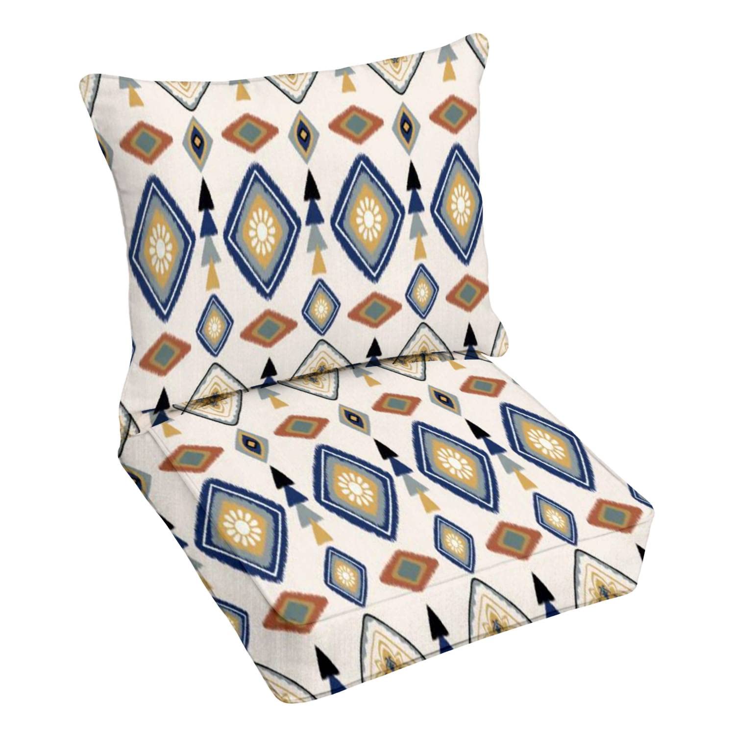 Premium Outdoor Deep Seating Cushion Set - Orange & Green Geometric African Ikat Pattern - Replacement Cushions for Patio Furniture, Lounge Chairs & Conversation Sets - Waterproof & UV Resistant for Poolside, Deck & Garden Use