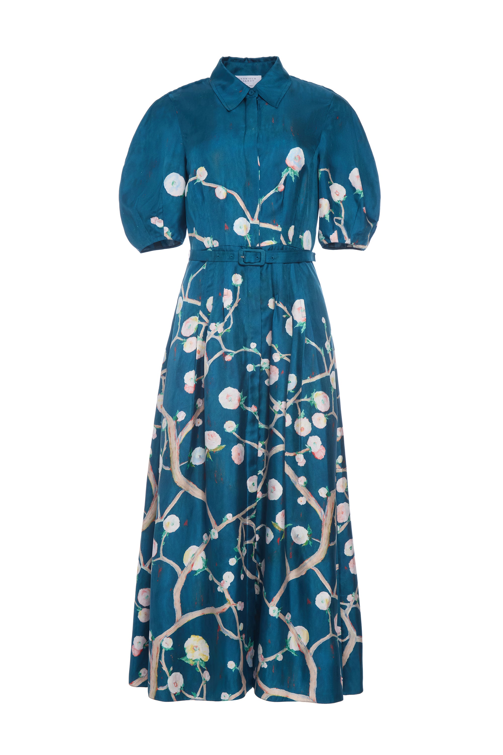 Maude Blue Multi Printed Silk Twill Pleated Midi Shirtdress - Elegant Office Wear & Summer Cocktail Party Dress