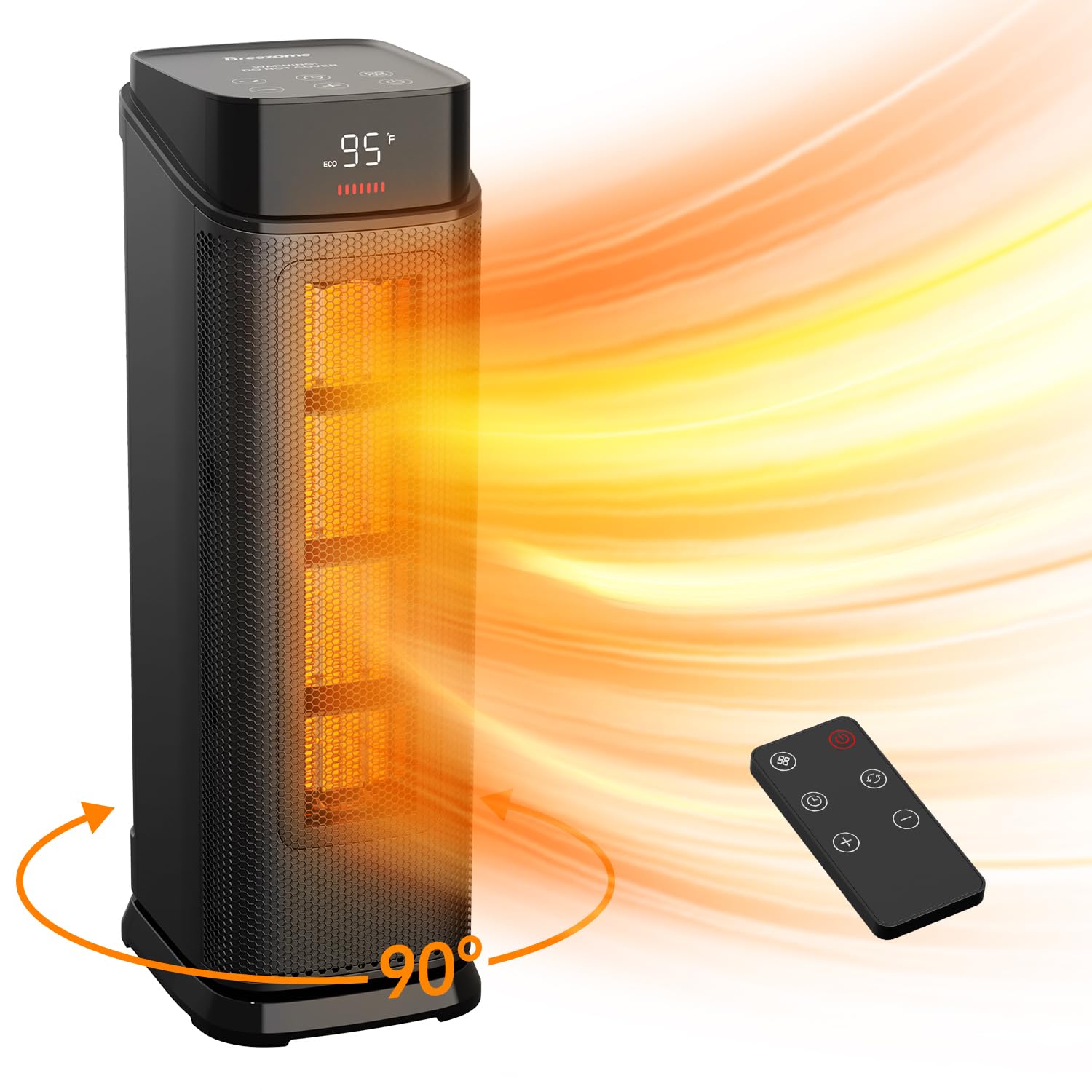 BREEZOME 1500W PTC Ceramic Space Heater with Thermostat, 90° Oscillation & Remote - Quiet Portable Electric Heater for Bedroom, Office - 24H Timer & Safety Features | Indoor Heating Solution for Winter, Home & Workspace