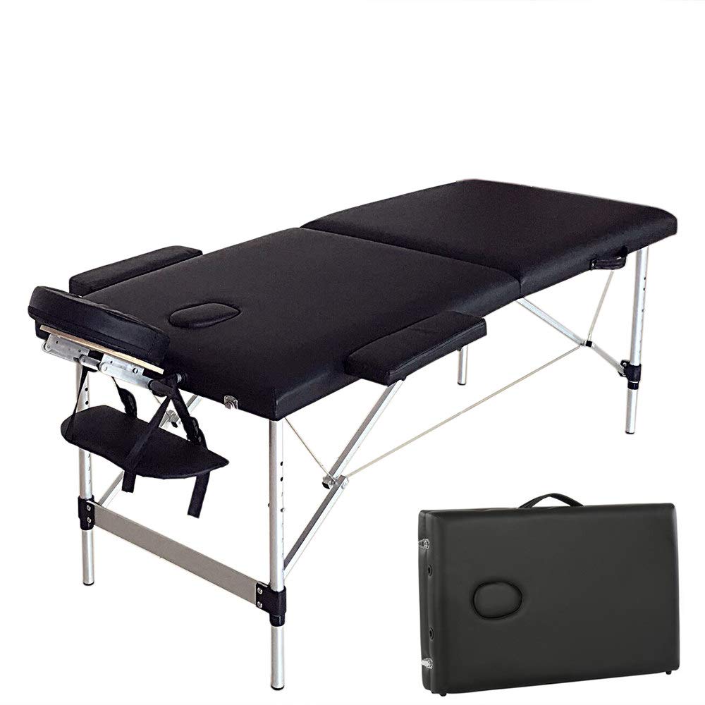 Portable Folding Massage Table - Adjustable Height Professional Massage Bed with Aluminum Alloy Frame for Facial, Tattoo & Spa Treatments - Perfect for Salon, Home Use & Mobile Therapists - Black