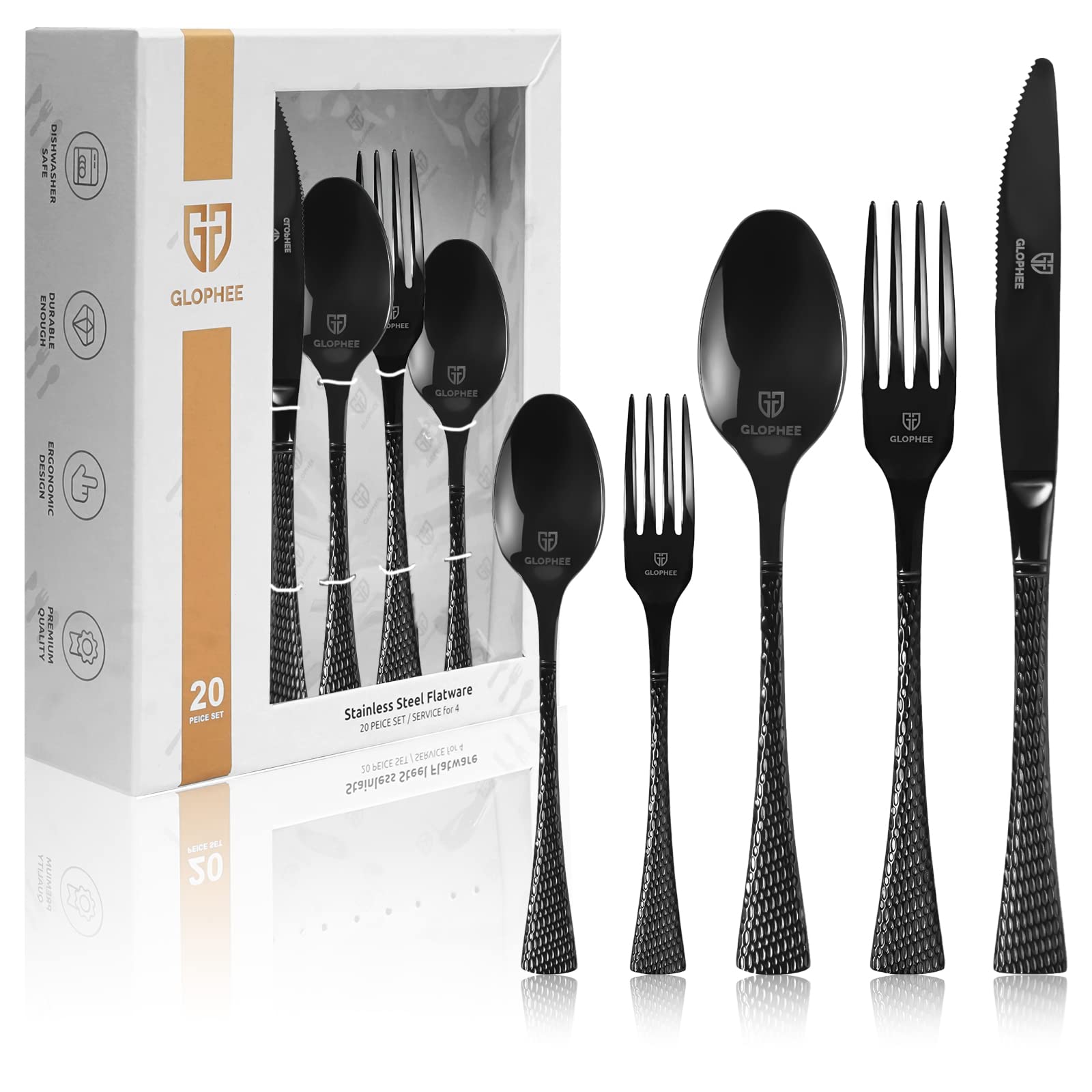 Premium 20-Piece Stainless Steel Cutlery Set with Snakeskin Handle - Mirror Polished Black Silverware for 4 - Durable Knives, Forks & Spoons - Elegant Flatware Set for Dinner Parties, Restaurants & Home Dining