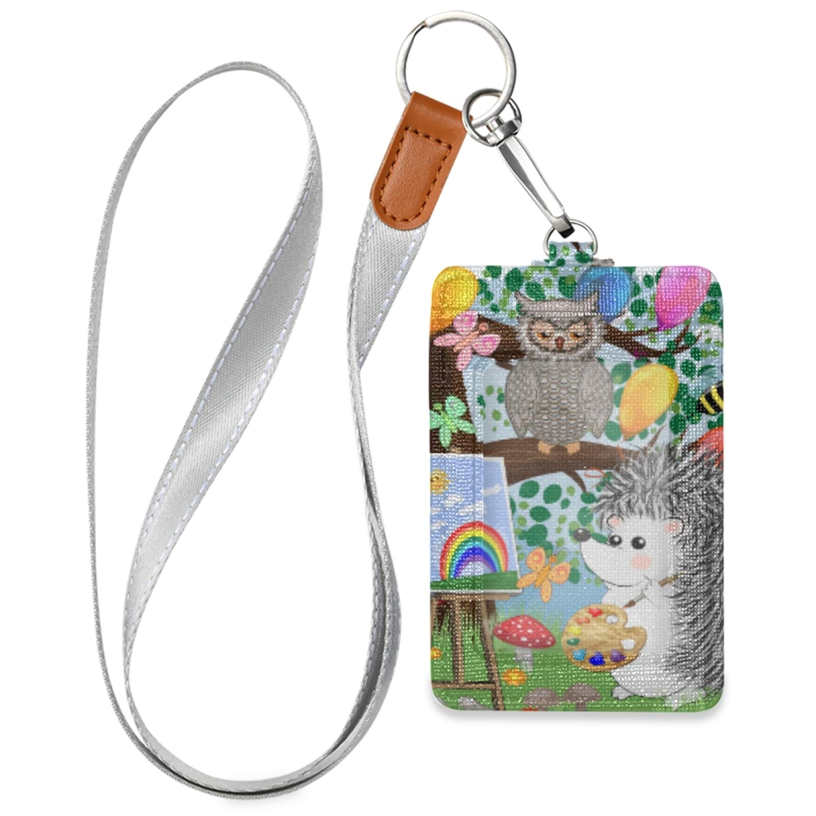 Hedgehog ID Badge Holder with Lanyard - Vertical Leather Card Holder for Office & School Staff