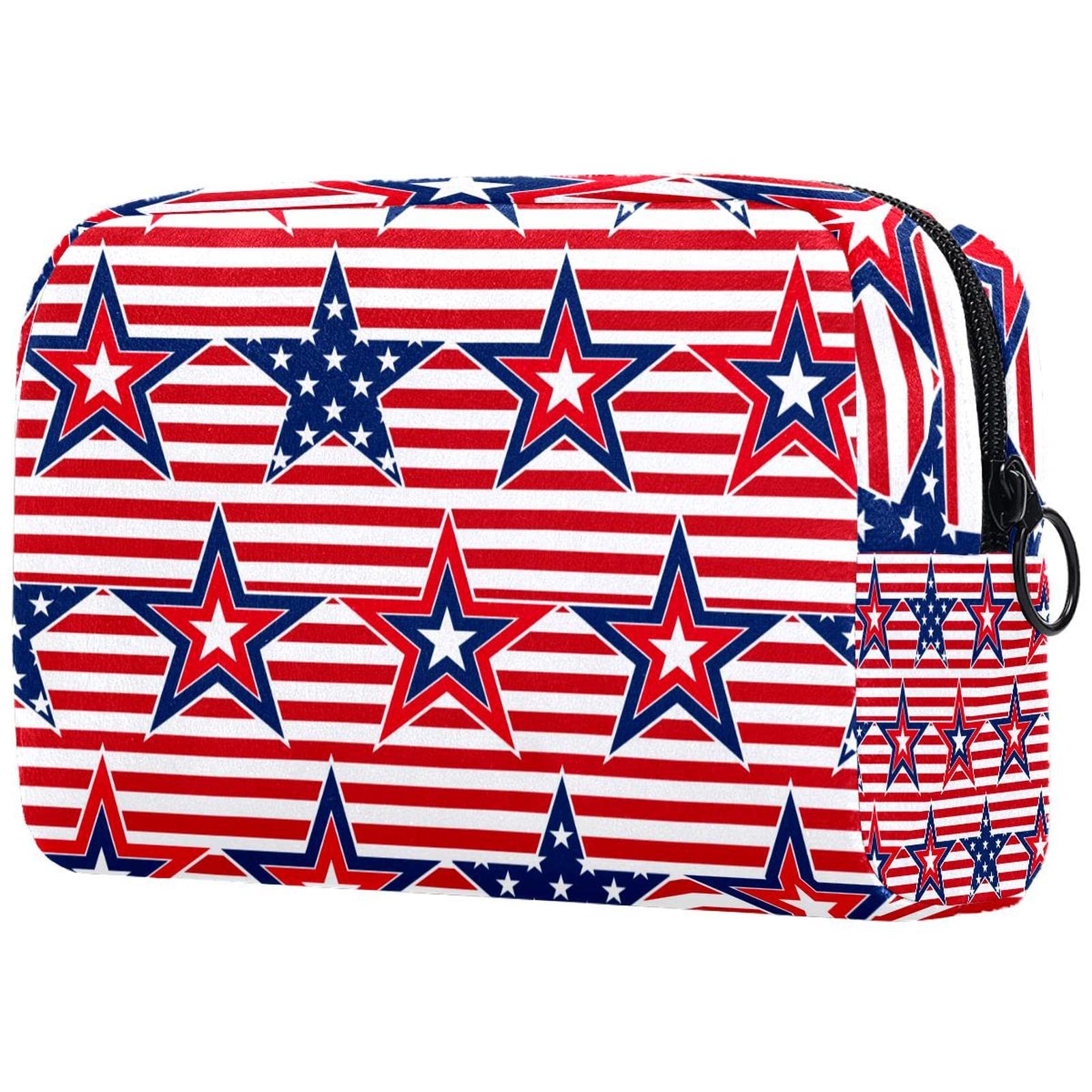 Professional Travel Makeup Bag with Brush Holder - Portable Cosmetic Organizer Storage Case, Red White Striped American Stars Design - Perfect for Travel, Gym & Daily Makeup Organization