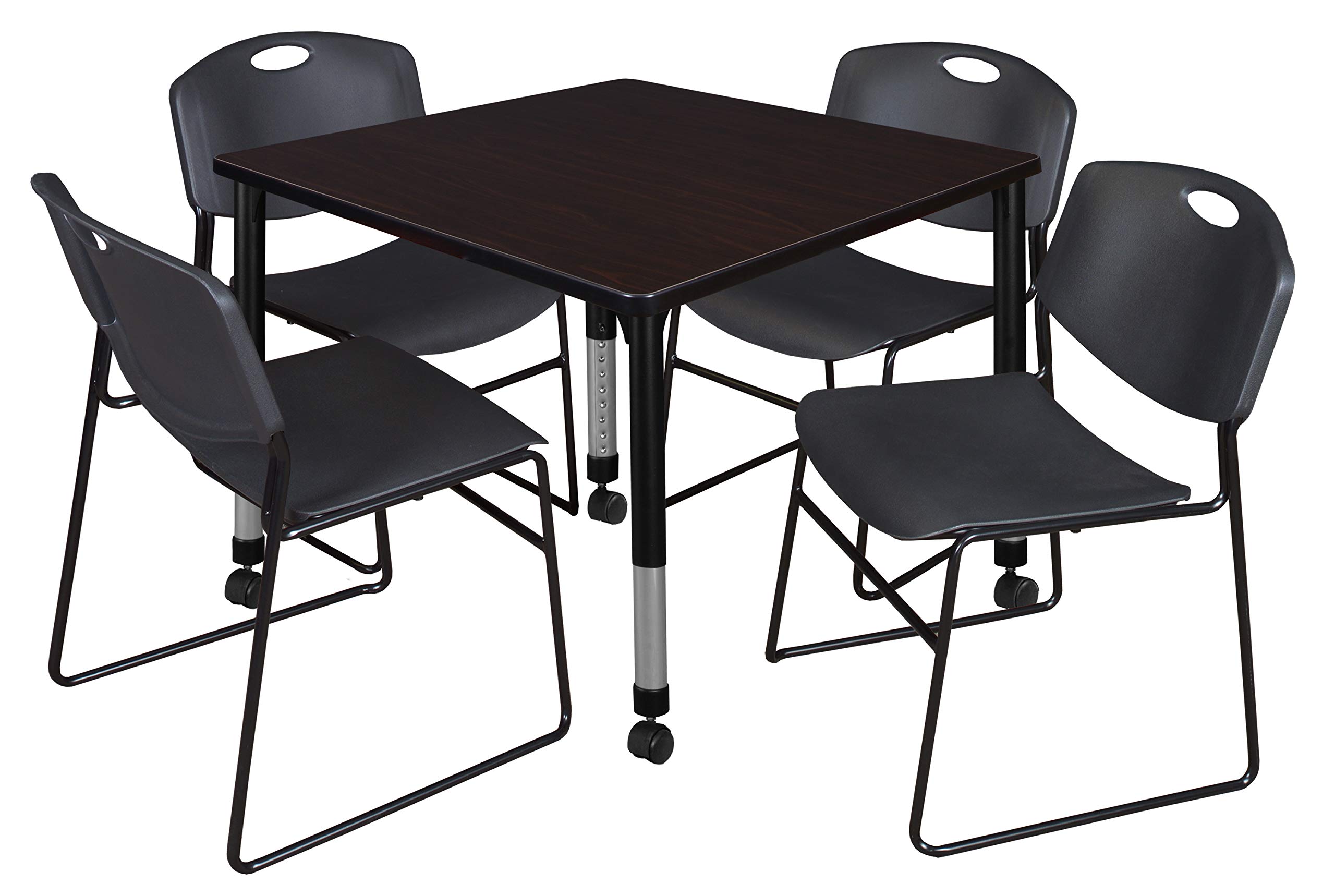 Regency Kee Height Adjustable Mobile Classroom Table Set with 4 Chairs, 42 Inch, Mocha Walnut & Black - Perfect for Schools, Offices, and Home Study Spaces