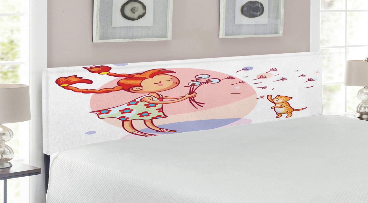 Ambesonne King Size Upholstered Metal Headboard with Memory Foam - Pastel Dandelion Cartoon Design Featuring Girl Playing with Cat | Decorative Bed Headboard for Girls' Bedroom, Nursery, or Guest Room