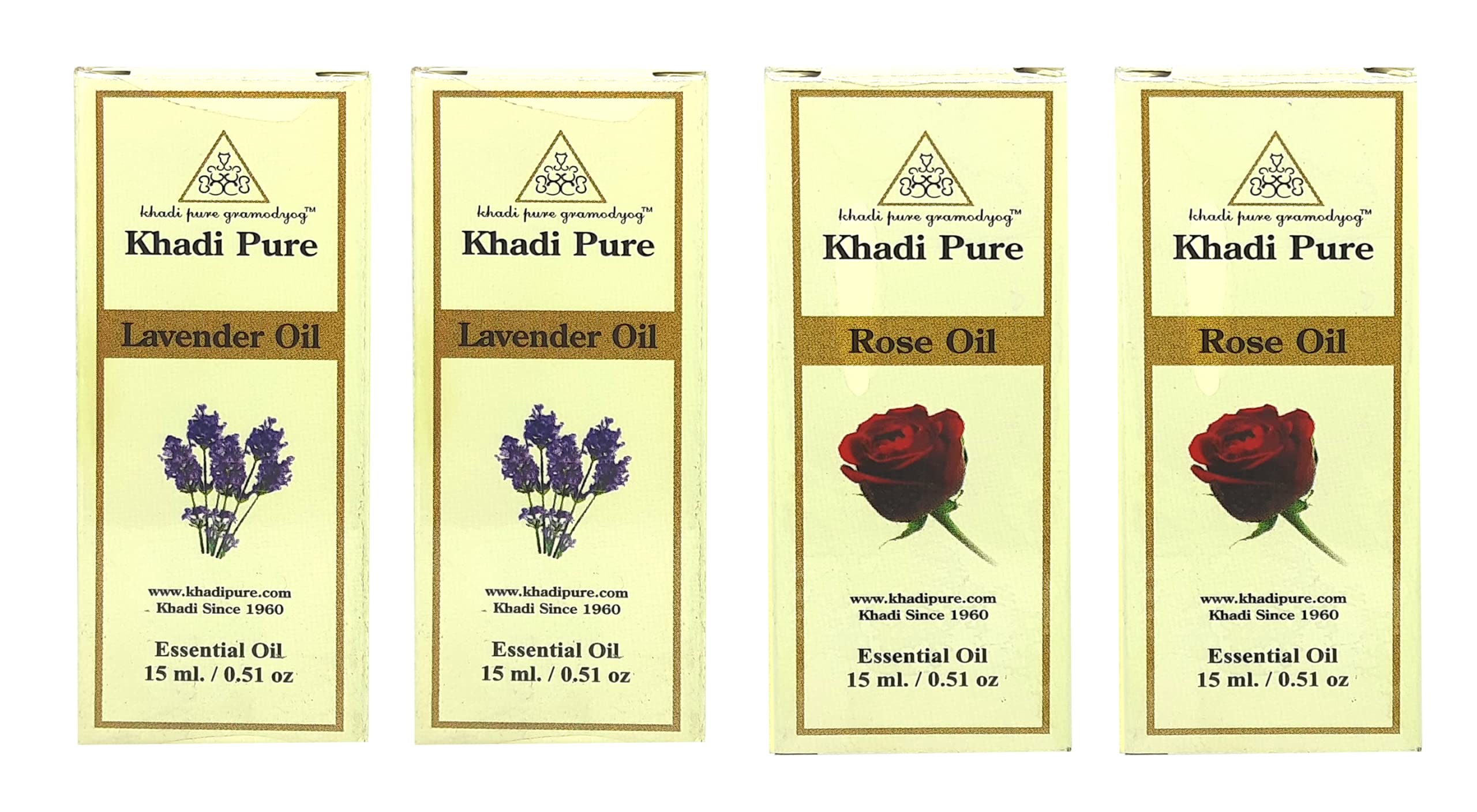 Khadi Pure Rose & Lavender Essential Oil - 15ml (Pack of 4) for Aromatherapy, Massage & Relaxation - 100% Natural Therapeutic Grade Oil for Diffusers, Skincare & Stress Relief
