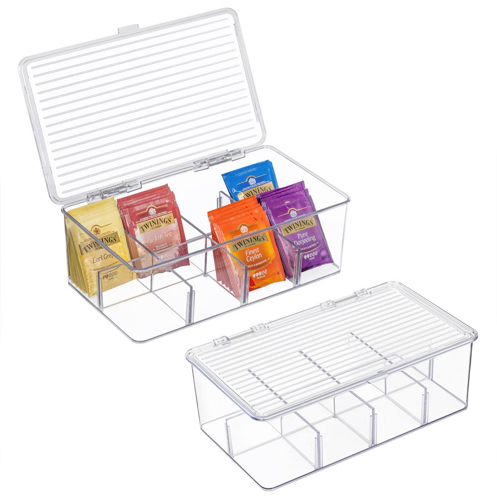 2 Pack Stackable Plastic Tea Bag Organizer - Clear Sugar Packets Storage Box with 8 Grid Compartments for Tea, Coffee & Condiments | Perfect for Kitchen, Office & Restaurant Organization