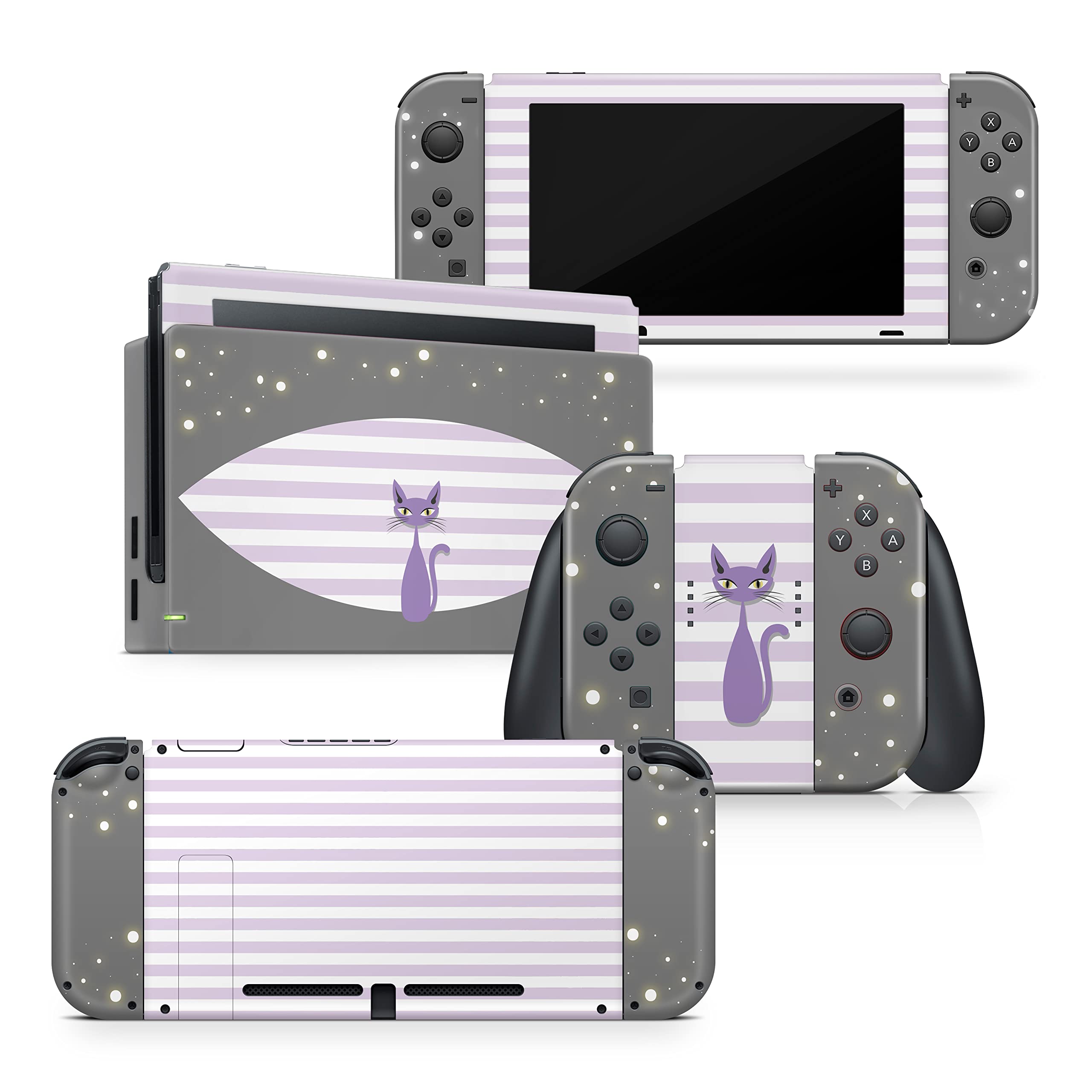 Premium 3M Vinyl Full Wrap Decal - Kawaii Purple Cat Design Skin Compatible with Nintendo Switch, Joy-Con & Dock | Protective Cover for Gaming, Travel & Home Decor