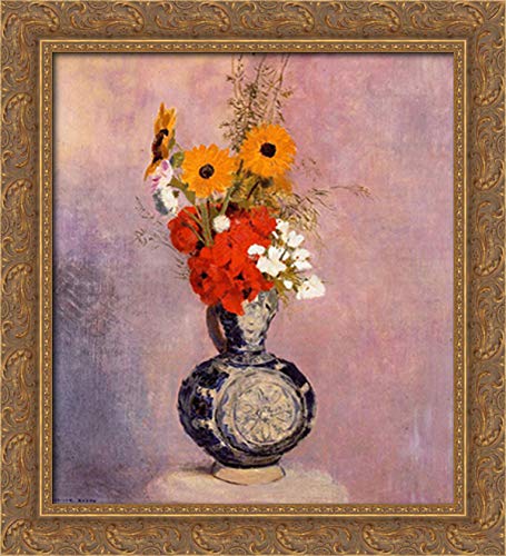 Odilon Redon Blue Vase Floral Bouquet 20x22 Gold Ornate Wood Framed Canvas Art - Perfect for Living Room Wall Decor & Home Office Aesthetic