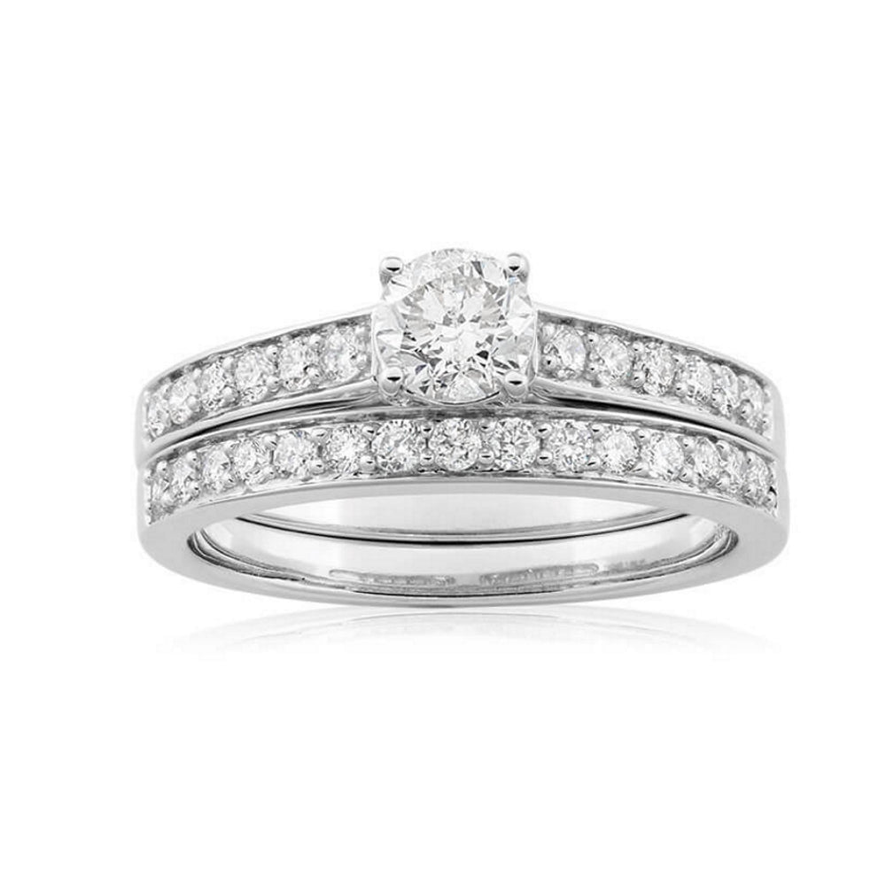 9ct White Gold 2 Ring Bridal Set with 28 Diamonds (1 Carat Total) - Elegant Wedding & Engagement Ring Set for Brides, Perfect for Proposals, Anniversaries & Special Occasions