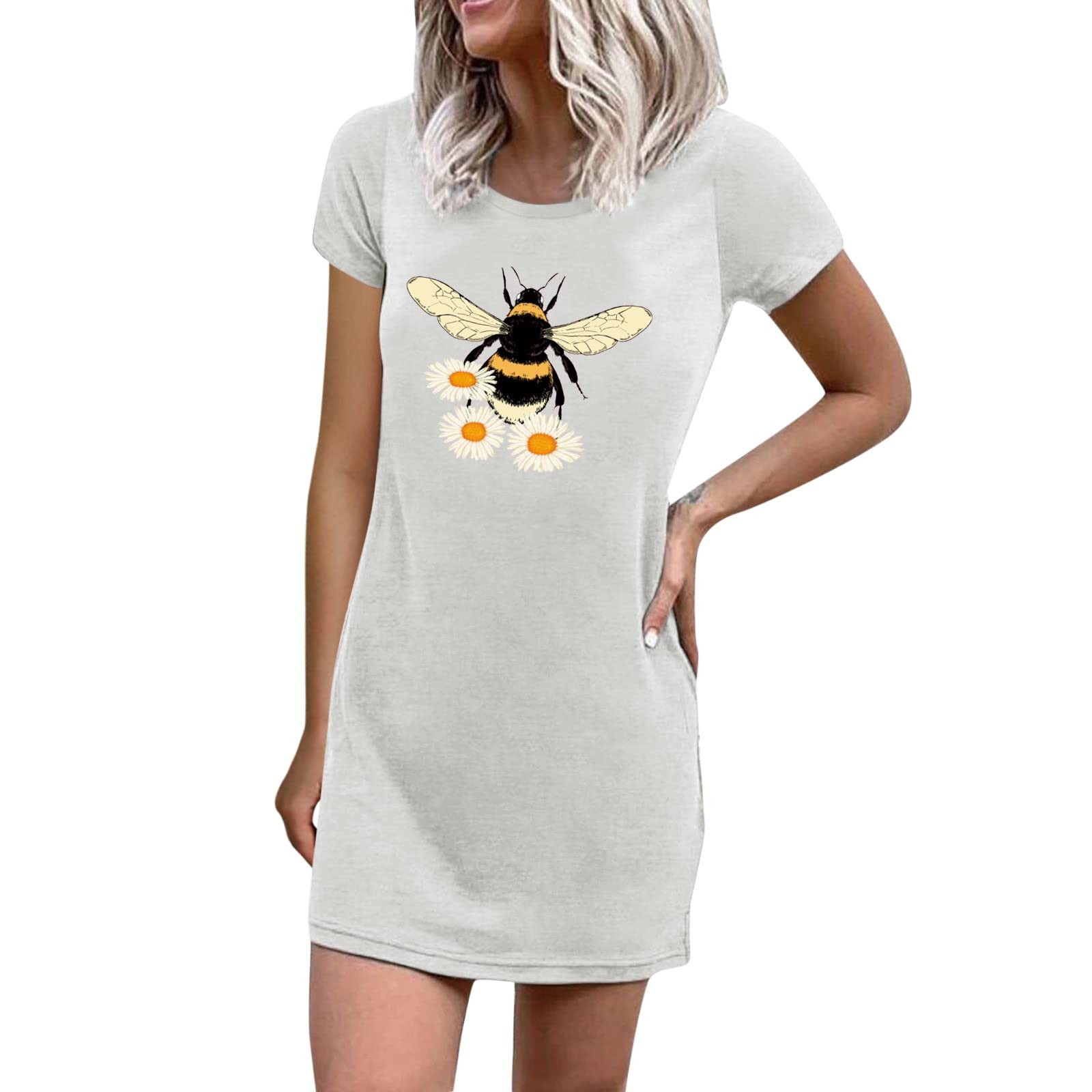 Women's Bee Print Crew Neck T-Shirt Dress - Summer Short Sleeve Loose Fit Casual Sweatshirt Dress for Women | Perfect for Beach, Picnic and Daily Wear