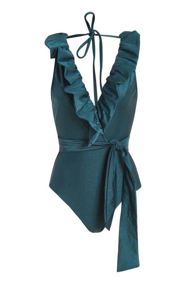 Patbo Women's Palace Green Plunge Ruffled One-Piece Swimsuit - Sexy High Cut Bathing Suit for Beach, Pool & Vacation | Plus Size & Curve Friendly Swimwear