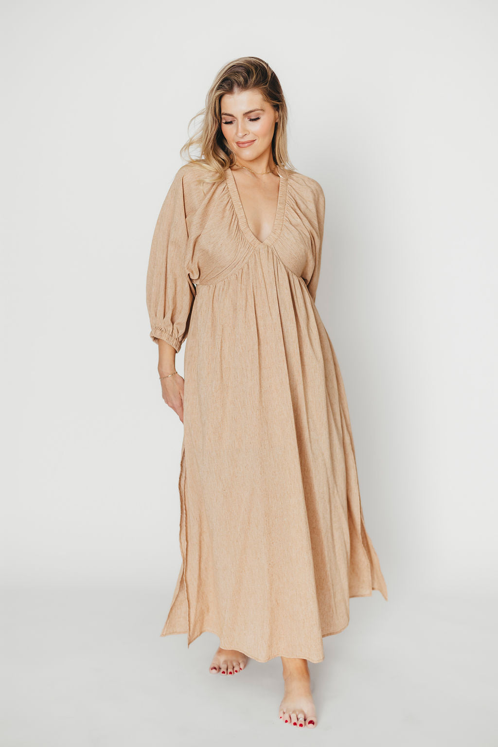 Finn V Neck Midi Dress in Taupe - Elegant Women's Casual & Party Dress for Work, Date Night & Special Occasions