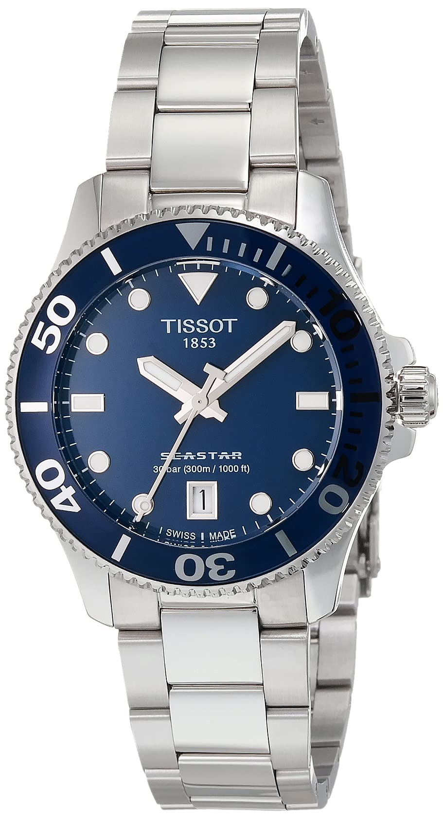Tissot Seastar 1000 36mm Unisex Quartz Watch - 316L Stainless Steel Case, Grey Dial, Stainless Steel Band (Model T1202101104100) | Perfect for Swimming, Diving & Everyday Wear