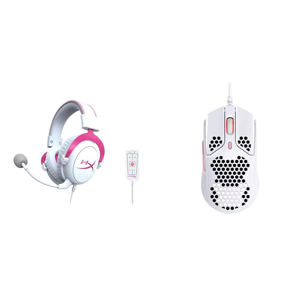 HyperX Cloud II Gaming Headset with 7.1 Virtual Surround Sound, Memory Foam Ear Pads & Detachable Mic | Pulsefire Haste Gaming Mouse - White/Pink Combo for PC, PS4, Xbox & Streaming