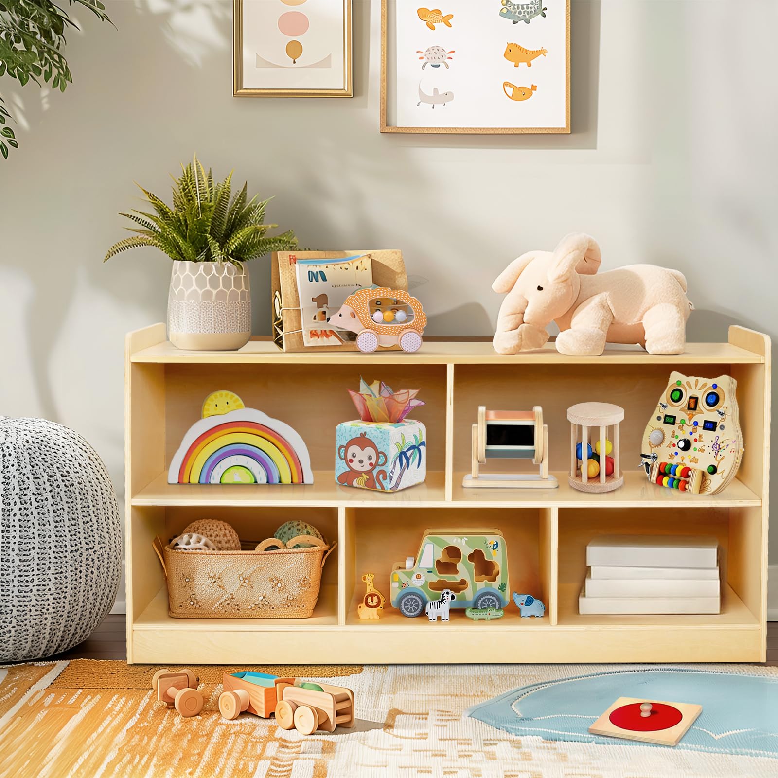 Montessori Wooden Toy Storage Organizer - 2 Shelf Bookcase & 5-Section Cabinet for Kids Books & Toys | Natural Wood Toddler Shelf for Nursery, Playroom, Kindergarten & Kids Bedroom | Perfect for Organizing Toys, Books & Learning Materials