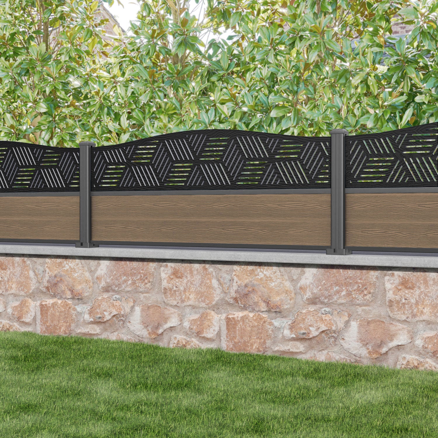 Premium Teak Wood Classic Cubed Curved Top Fence Panel with Aluminum Posts - Perfect for Garden, Patio, and Backyard Privacy Fencing