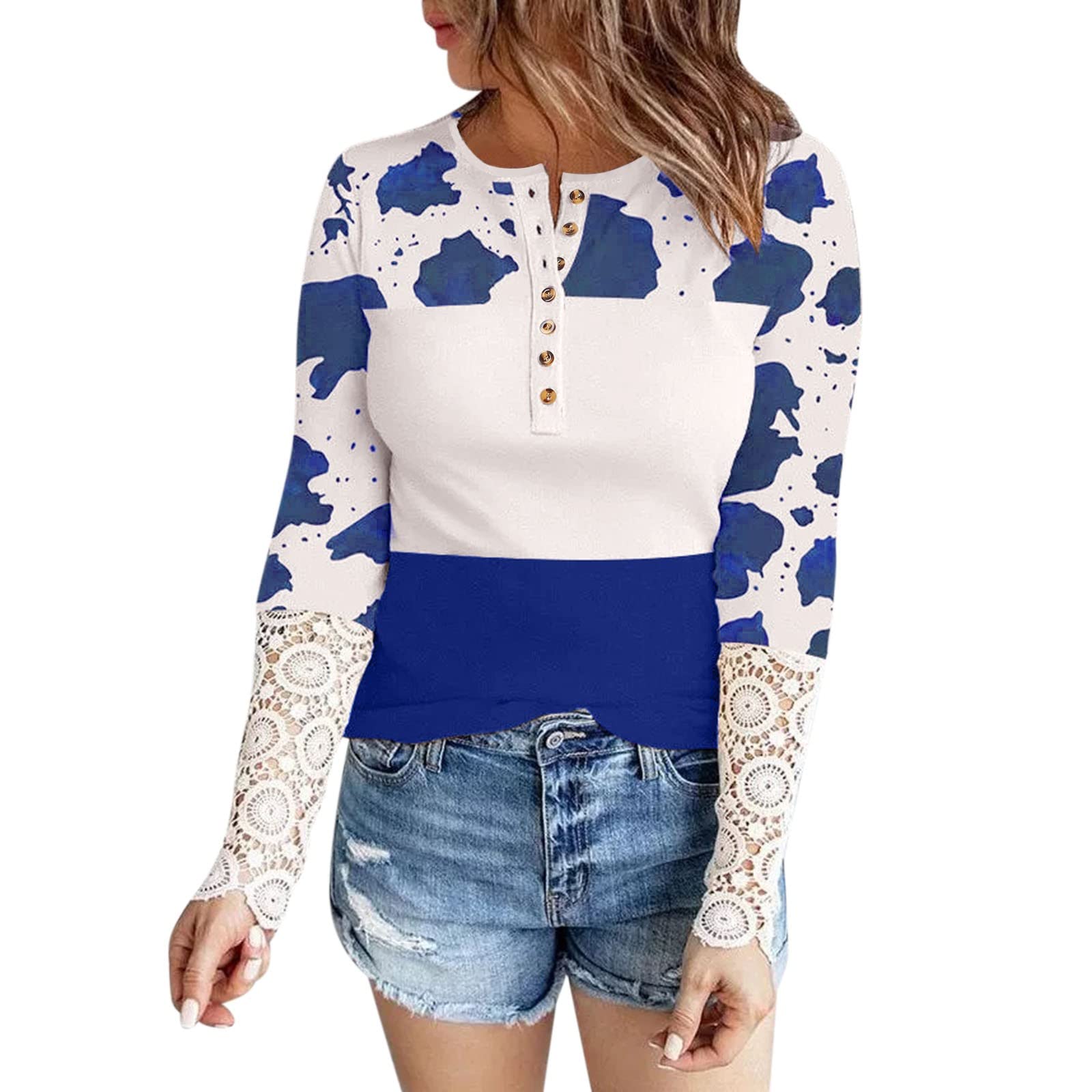 Women's Long Sleeve Waffle Knit Tunic Top - Color Block Casual Tie Dye Lace Crochet Blouse Thermal Sweatshirt for Fall & Winter Layering | Perfect for Office, Date Night & Casual Outings