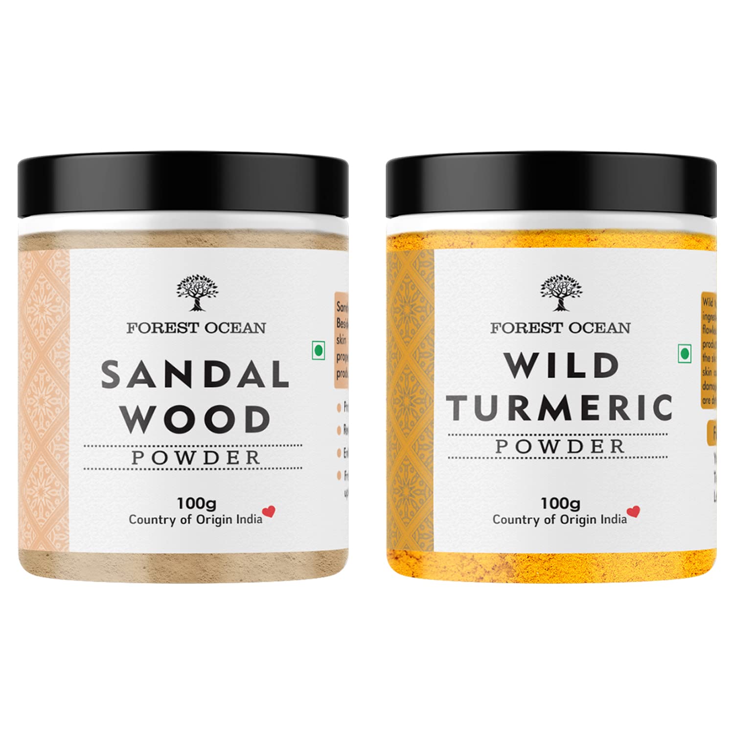 100% Pure & Natural Forest Ocean Kasturi Turmeric Powder & Sandalwood (Chandan) Powder Combo - 2 Pack (100g Each) for Glowing Skin, Face Care & Ayurvedic Beauty Rituals | DIY Face Masks, Skin Brightening & Holistic Wellness