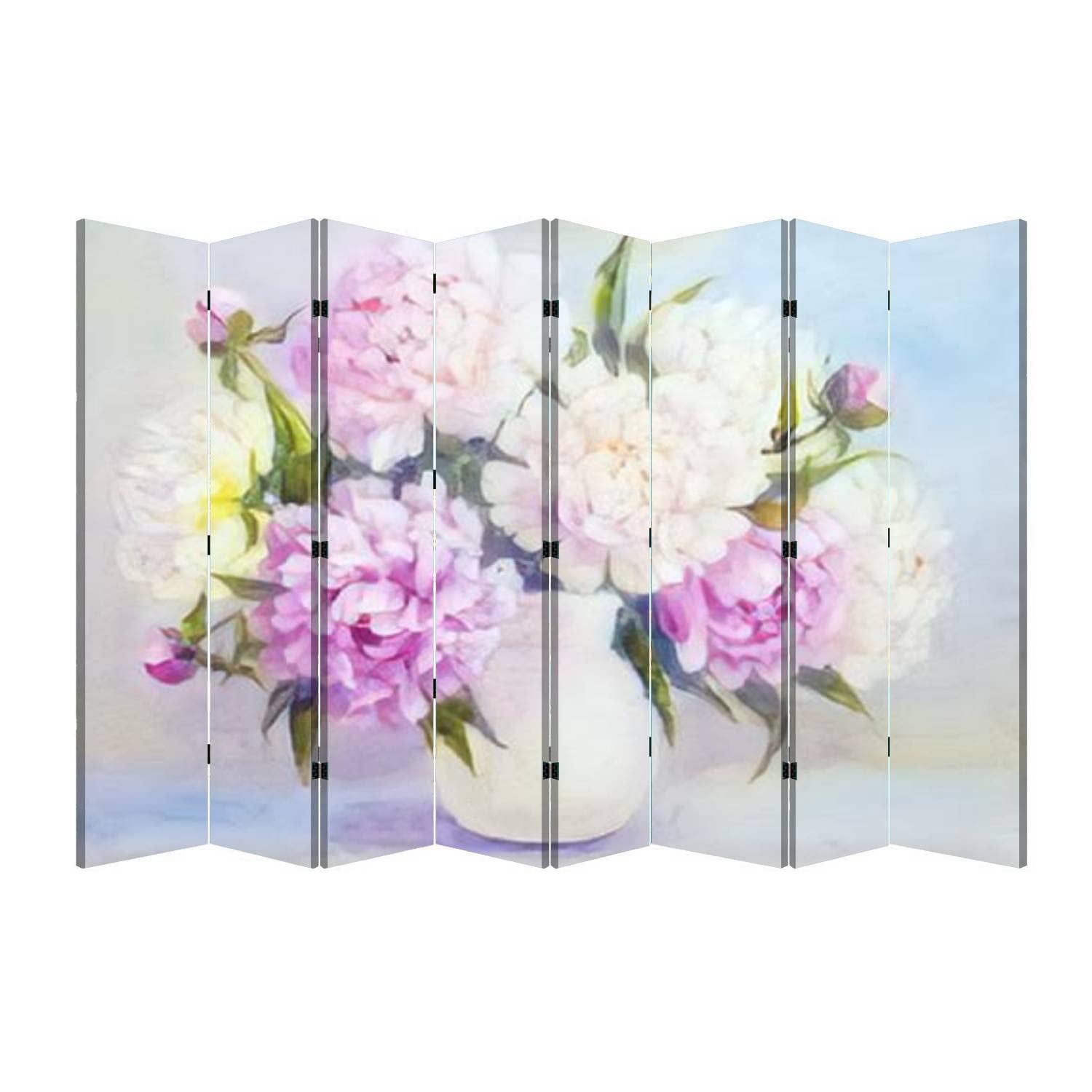 8 Panel Folding Room Divider Screen - Peony Pink Flowers in White Vase Oil Painting Design | Freestanding Privacy Partition for Home, Office, Bedroom | Perfect for Creating Private Spaces & Room Decor