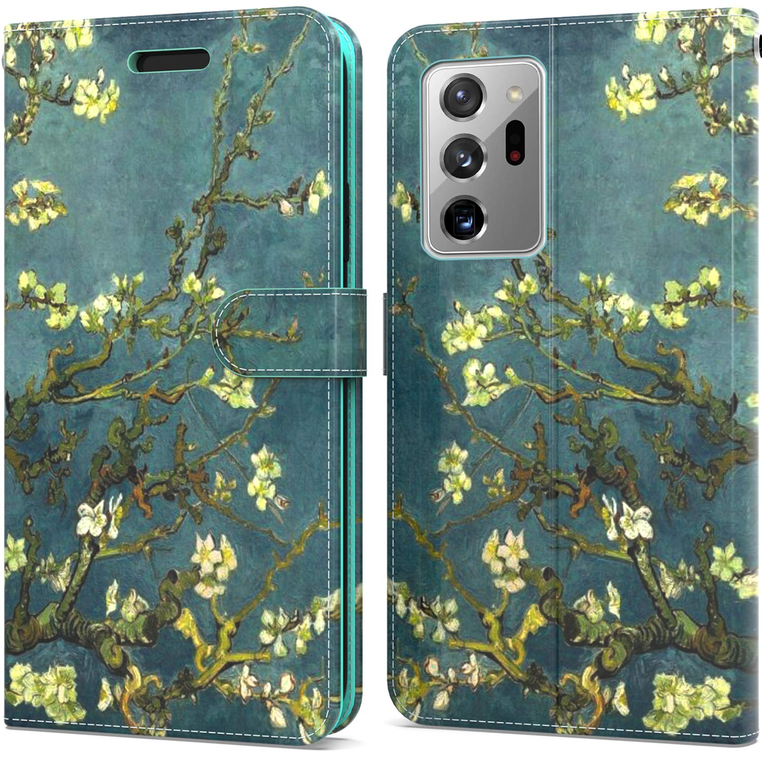 Premium RFID Blocking PU Leather Flip Folio Wallet Case for Samsung Galaxy Note 20 Ultra - Almond Blossom Design | Stand Feature & Card Slots | Perfect for Travel, Business & Daily Protection