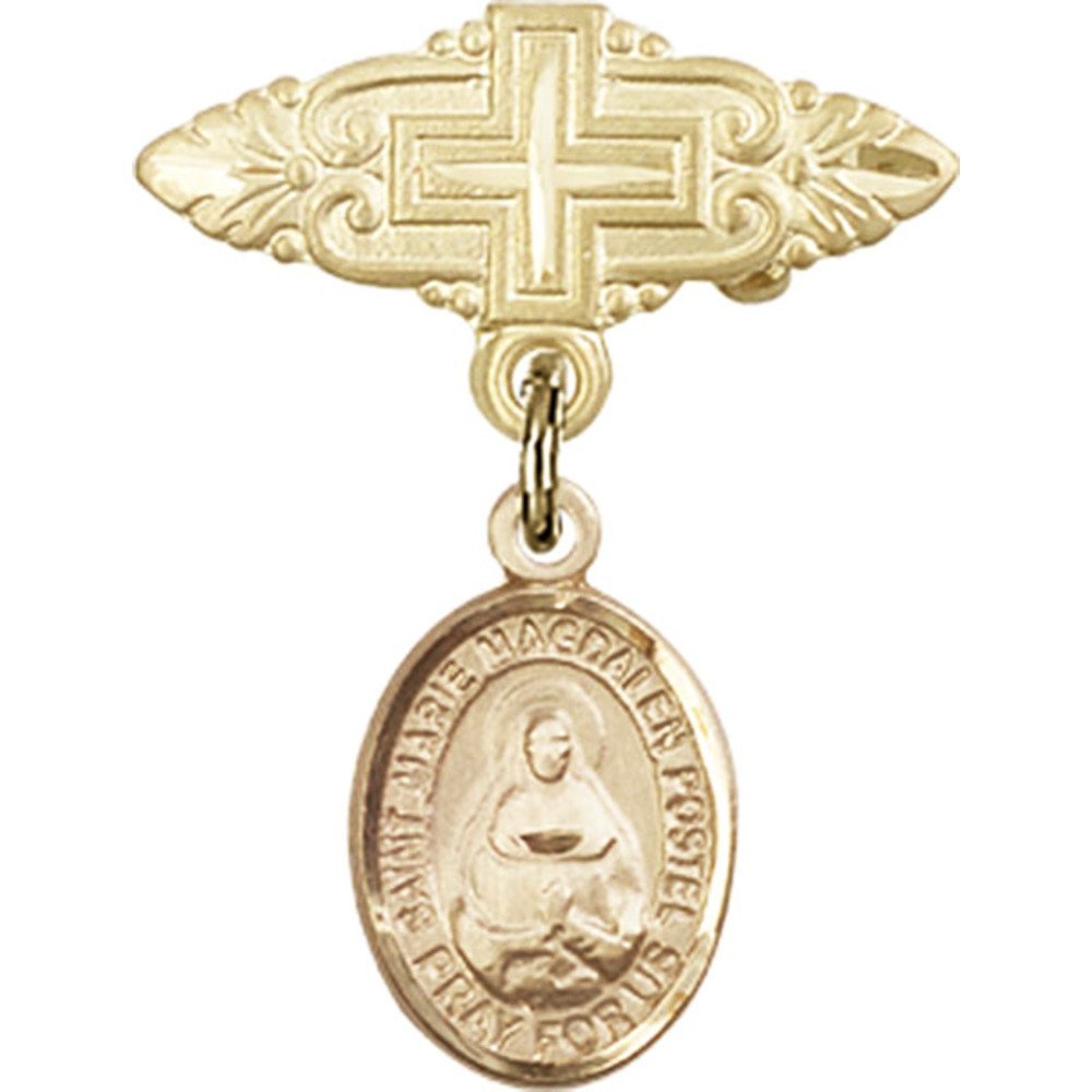 Gold Filled Baby Badge with Marie Magdalen Postel Charm & Cross Pin - 1 X 3/4 Inch Religious Jewelry - Perfect for Baptism, First Communion & Christening Gifts