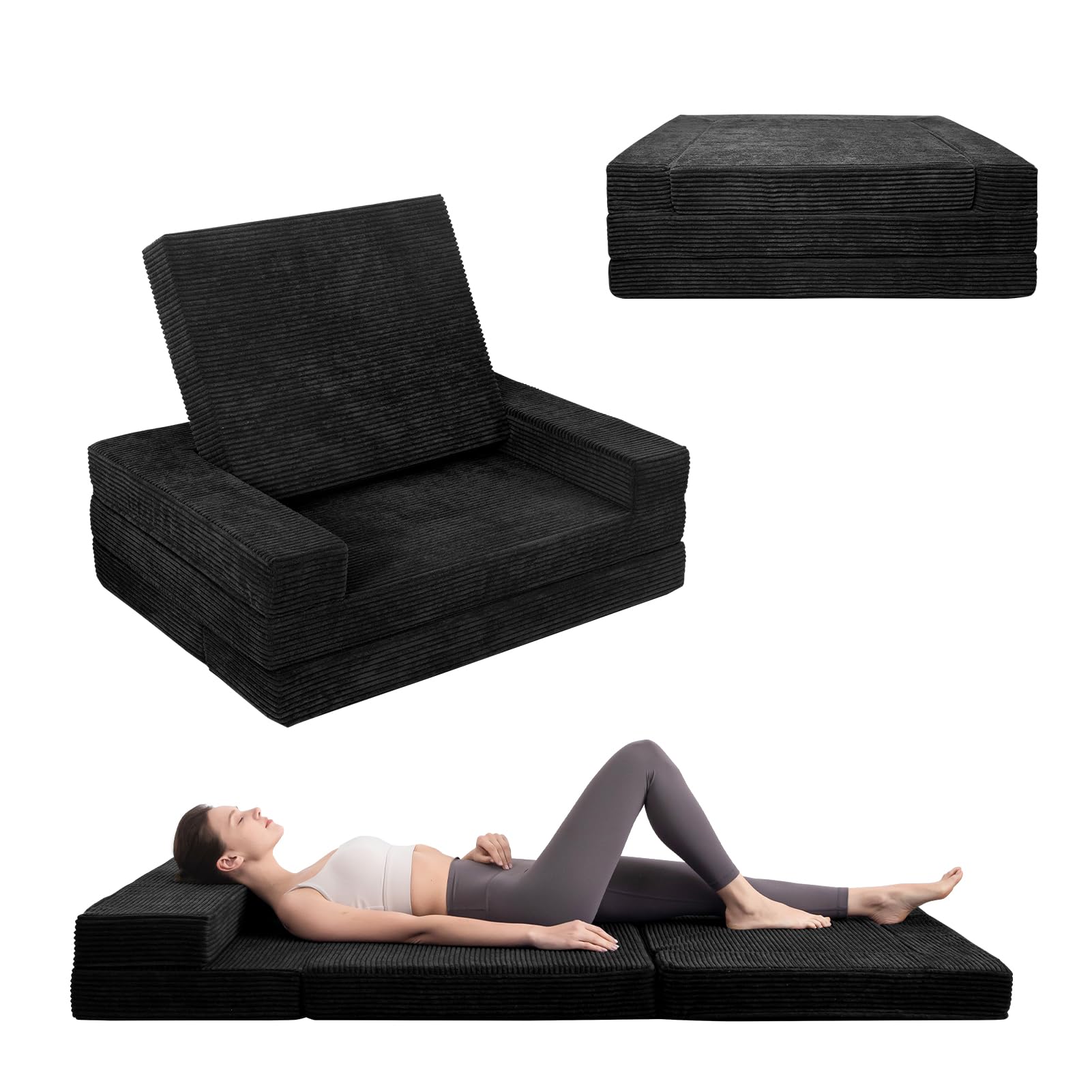 MAXYOYO Multifunctional Folding Sofa Bed - Convertible Sleeper Sofa & Floor Futon Mattress for Small Spaces, Guest Room & Apartment - Portable & Space-Saving Design - Perfect for Living Room, Dorm & Overnight Guests - Black