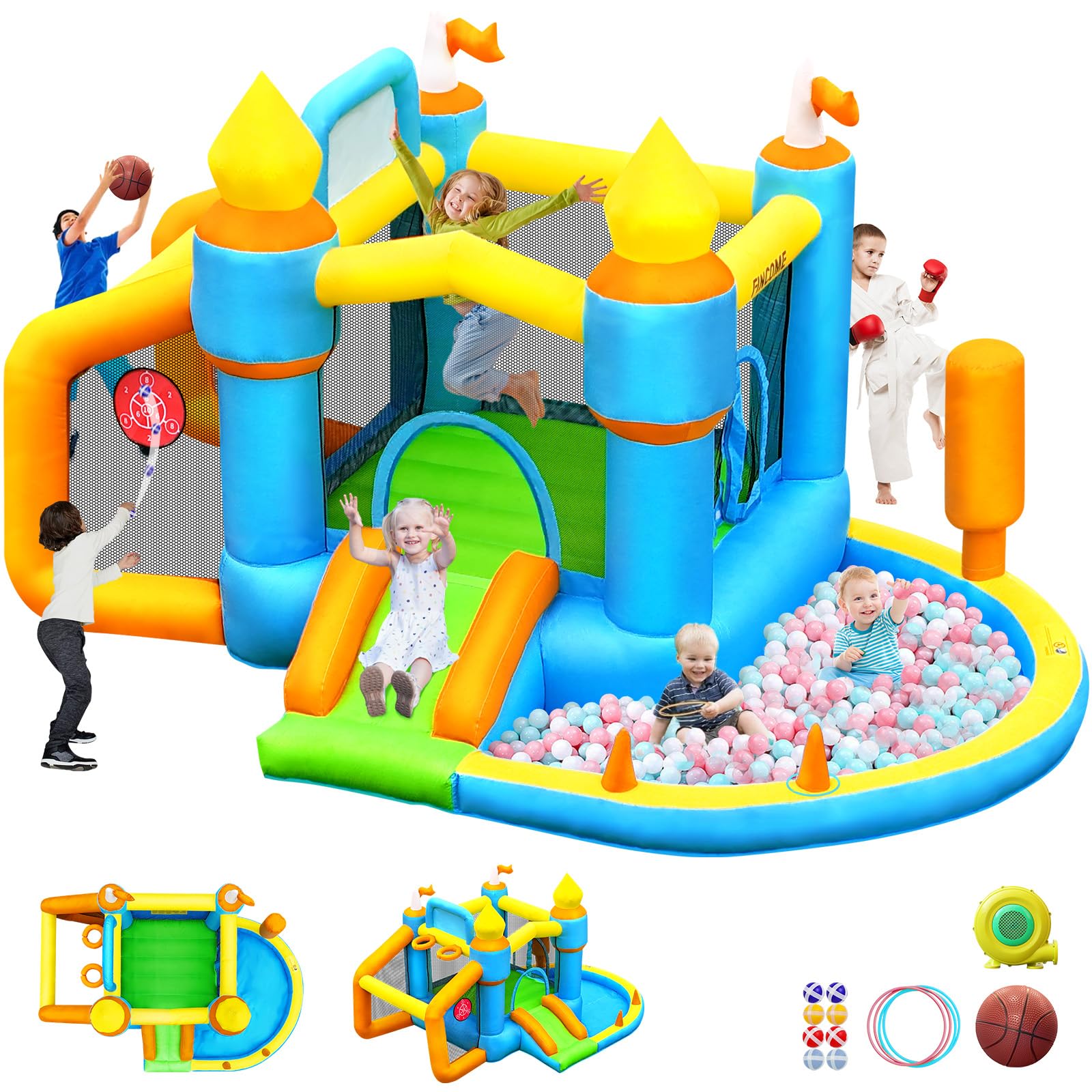 Inflatable Bounce House for Kids with Slide, Basketball Hoop & Soccer Area - Indoor Outdoor Bouncy Castle with Blower for Backyard, Birthday Parties & Playtime Fun