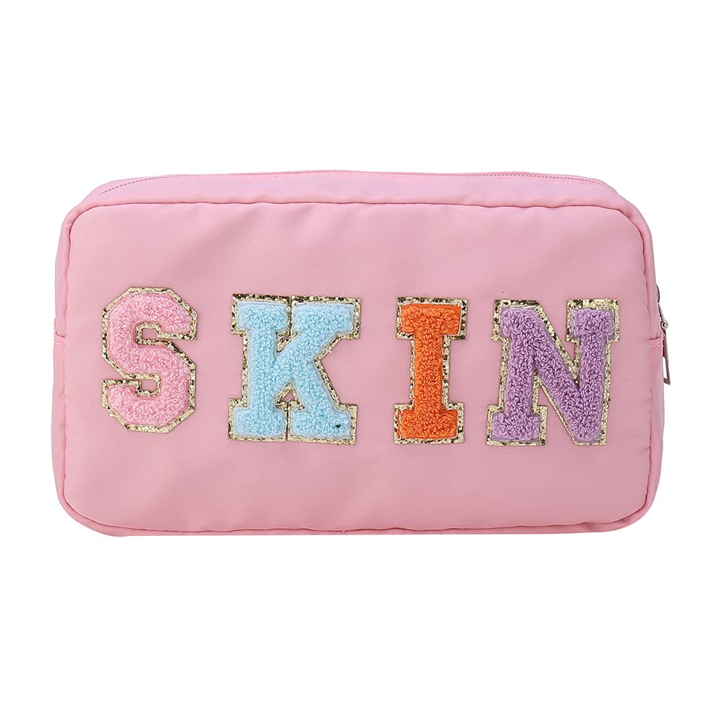 Preppy Nylon Makeup Bag Organizer with Chenille Letter Patch - Travel Toiletry Pouch for Women & Girls | Perfect for School, Gym, and Vacation Essentials