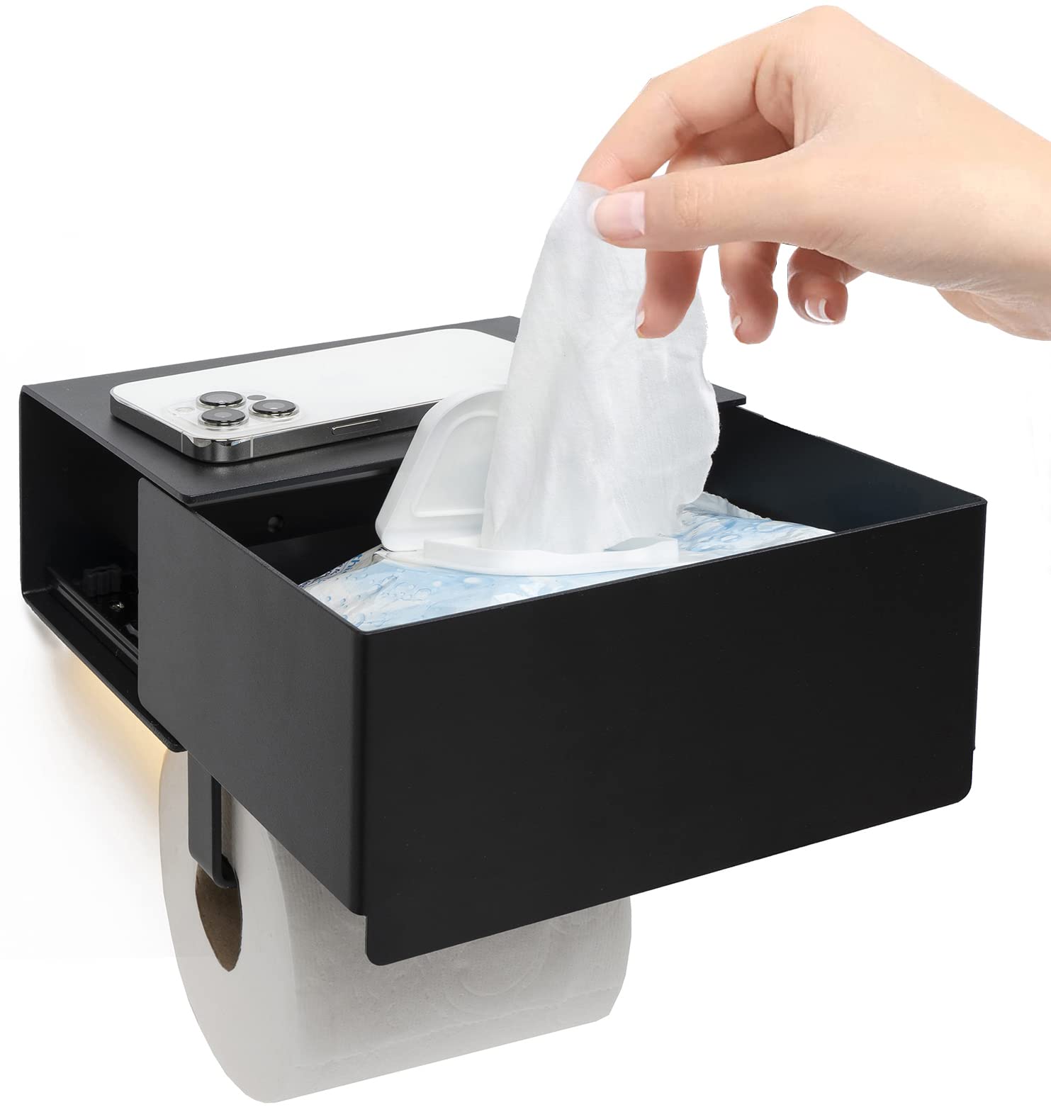 Motion Sensor LED Toilet Paper Holder with Storage Drawer & Wipes Dispenser - Space Saving Bathroom Organizer with Shelf & Night Light (Black) - Perfect for Small Bathrooms, Powder Rooms & Guest Baths