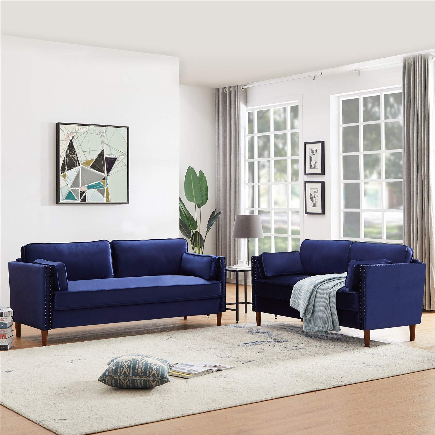 Modern Sofa Cover 2-Piece Set - Stretchable Couch Slipcover for Loveseat & 3-Seater Sofa with 4 Decorative Square Pillows (Blue) - Perfect for Living Room, Home Decor & Furniture Protection