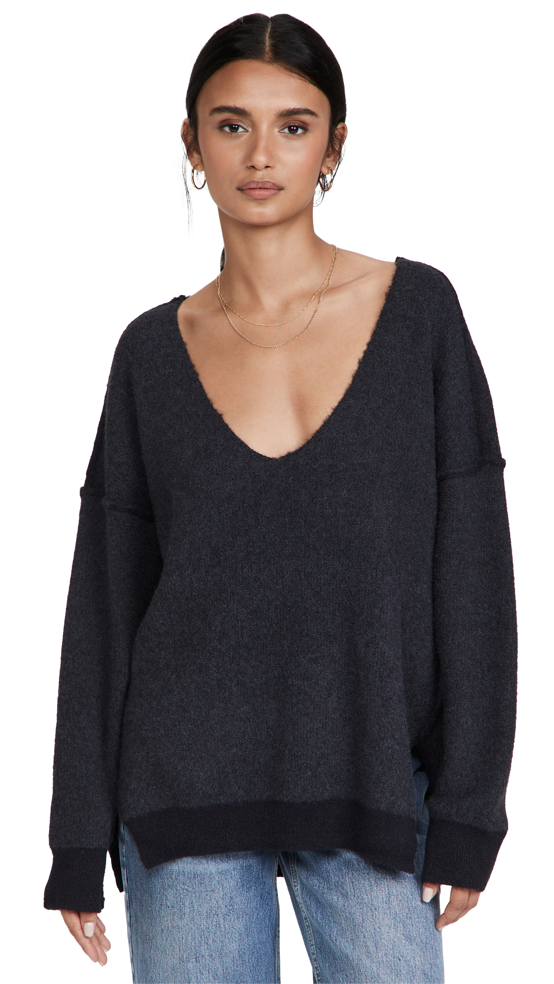 Free People Women's V-Neck Sweater - Soft Knit Pullover, Black, Medium | Cozy Fall & Winter Fashion for Casual Outings & Office Wear