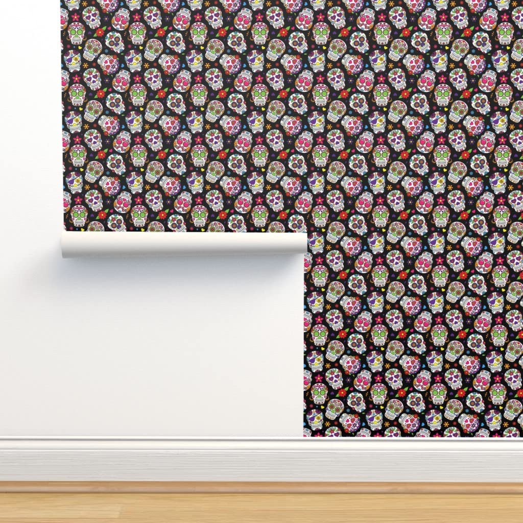 Peel & Stick Wallpaper 9ft x 2ft - Sugar Skull Design with Black Background for Day of the Dead, Halloween Decor | Removable Custom Wallpaper by Spoonflower | Perfect for Bedroom, Living Room & Party Decorations